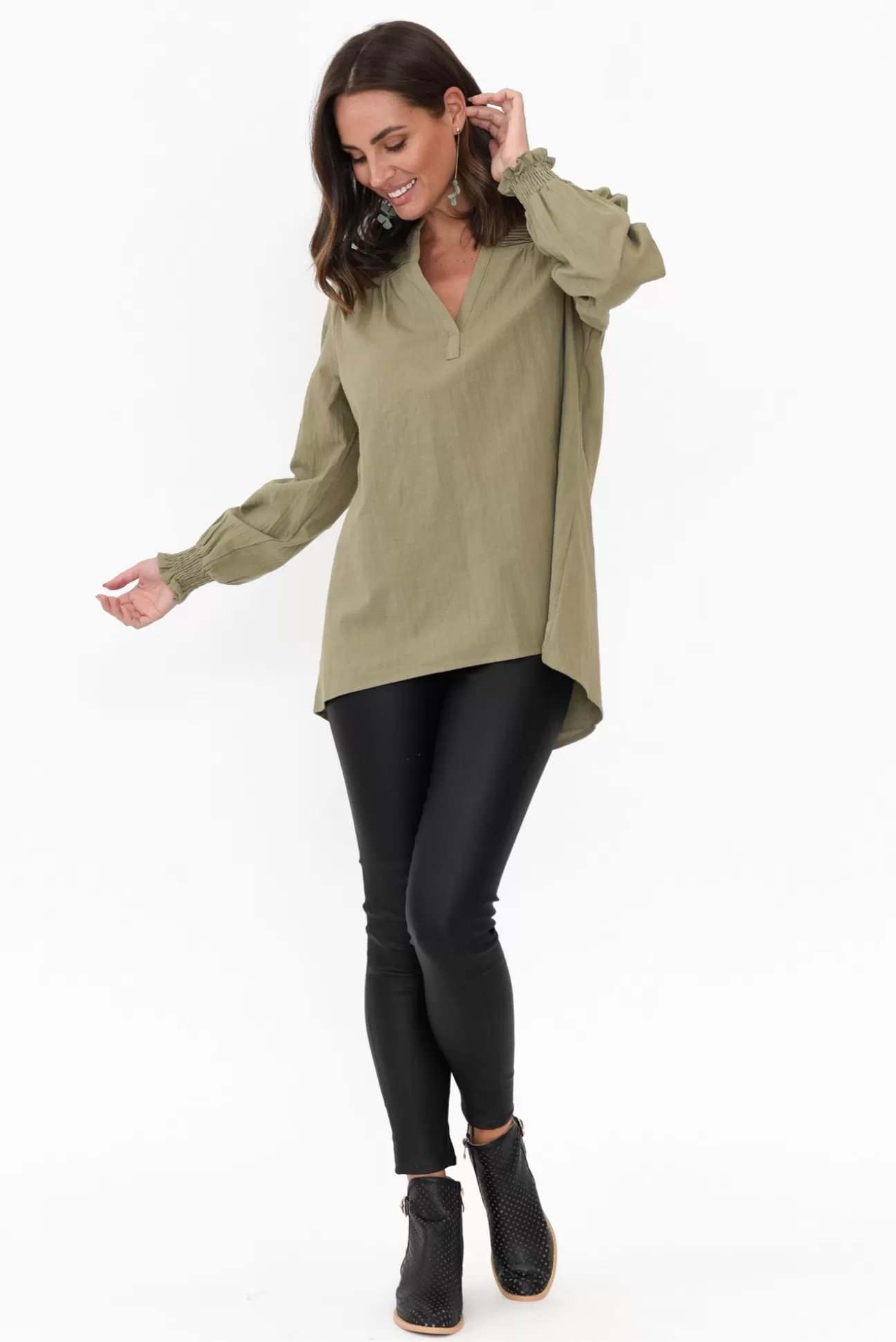 Cali and Co April Khaki Cotton V Neck Top Hot