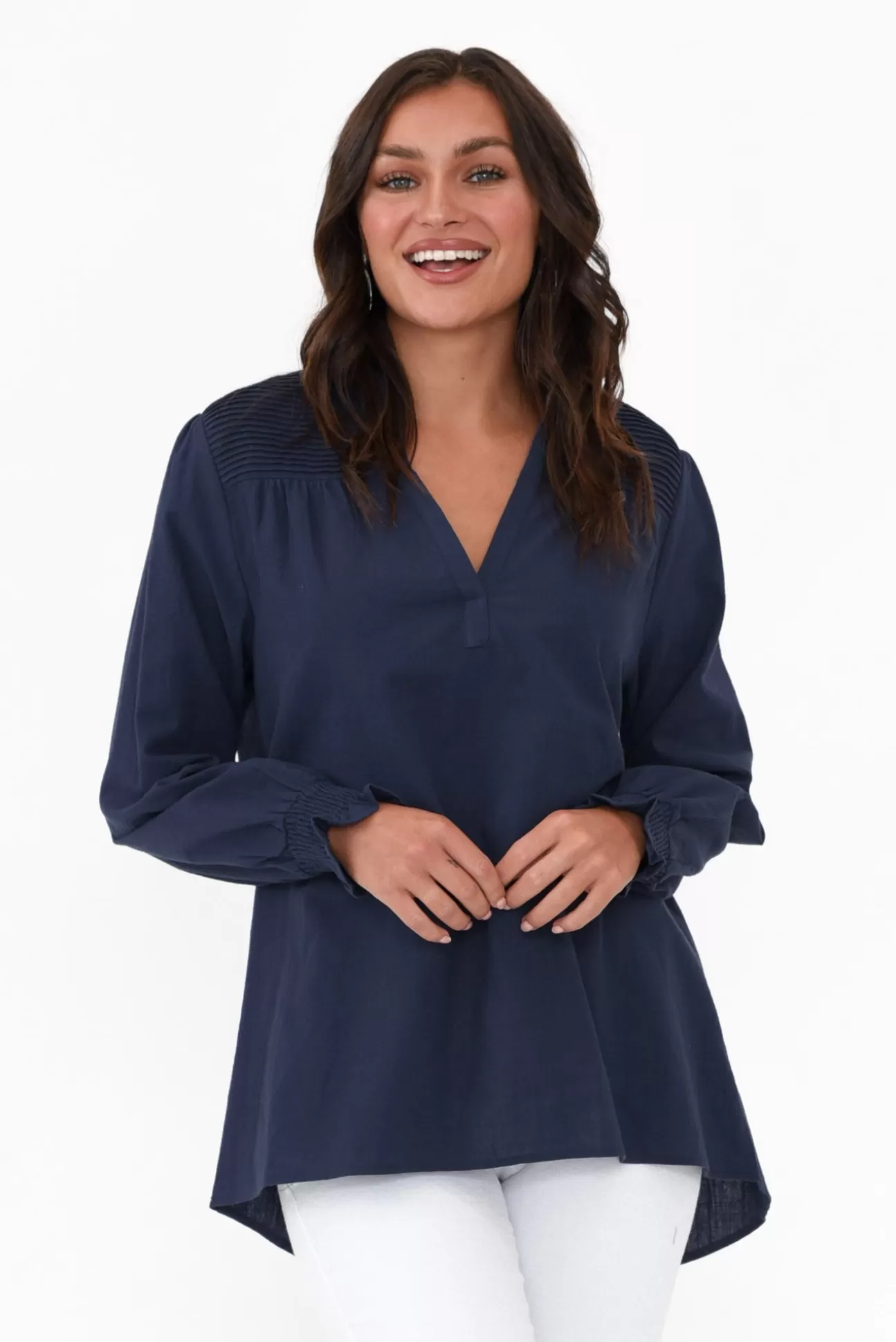 Cali and Co April Navy Cotton V Neck Top Discount