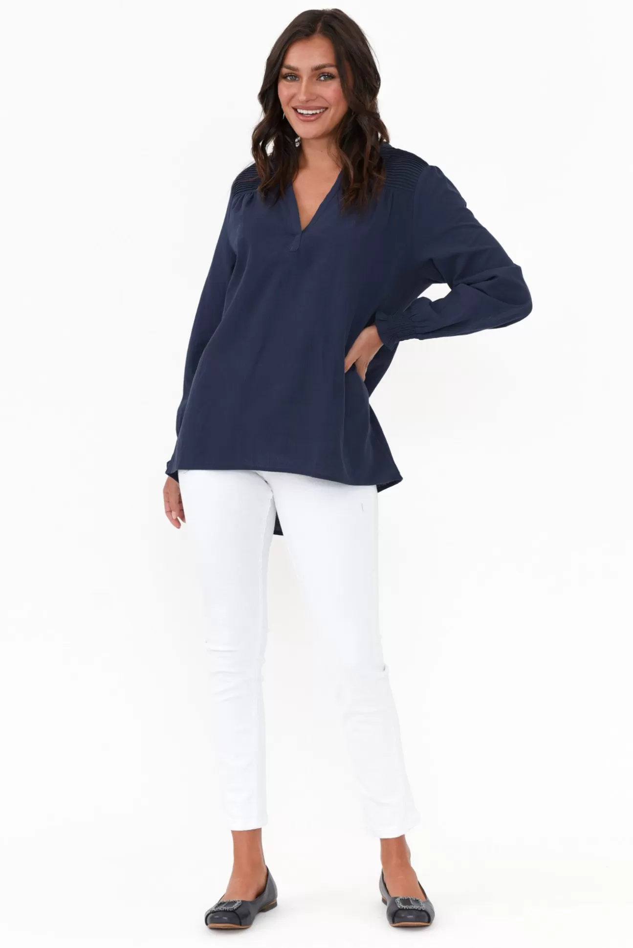 Cali and Co April Navy Cotton V Neck Top Discount