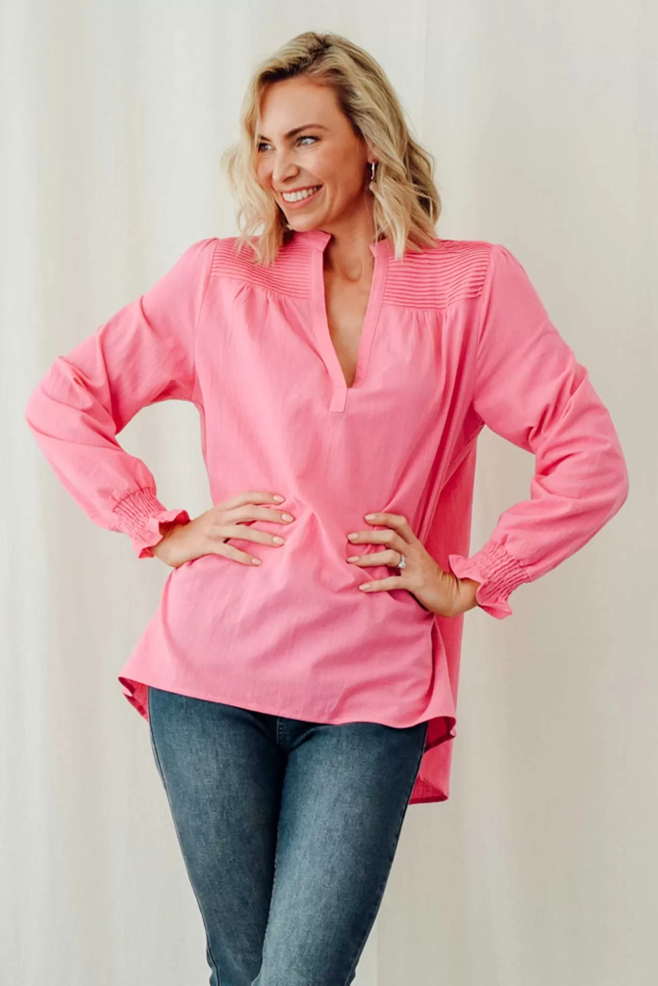 Cali and Co April Pink Cotton V Neck Top Best Sale