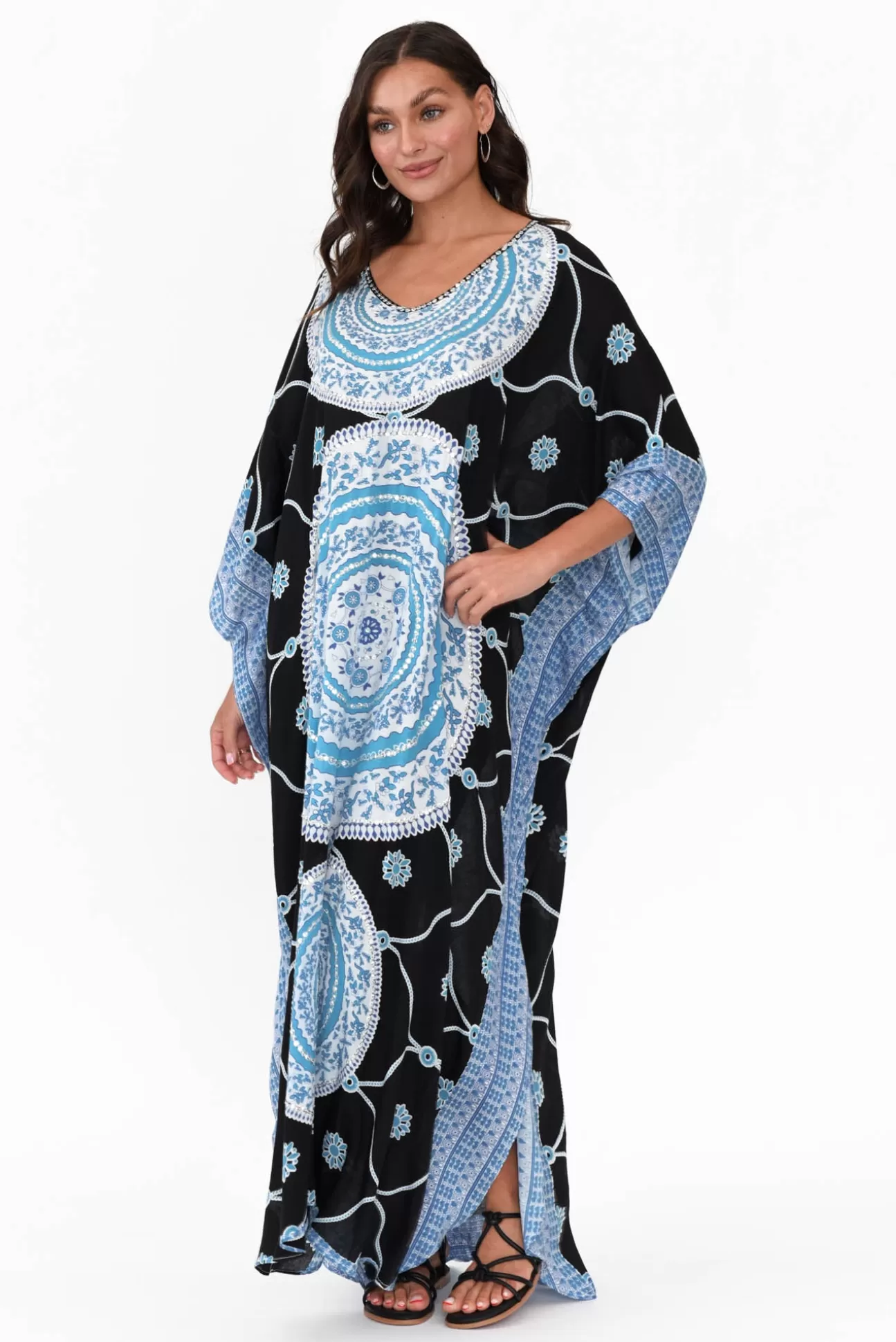 Red Lotus Aqua Sequin Maxi Kaftan Outlet