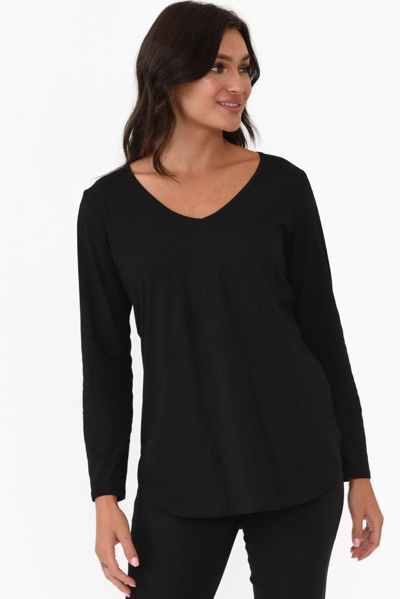 Cafe Latte Archer Black Cotton Long Sleeve Top Outlet