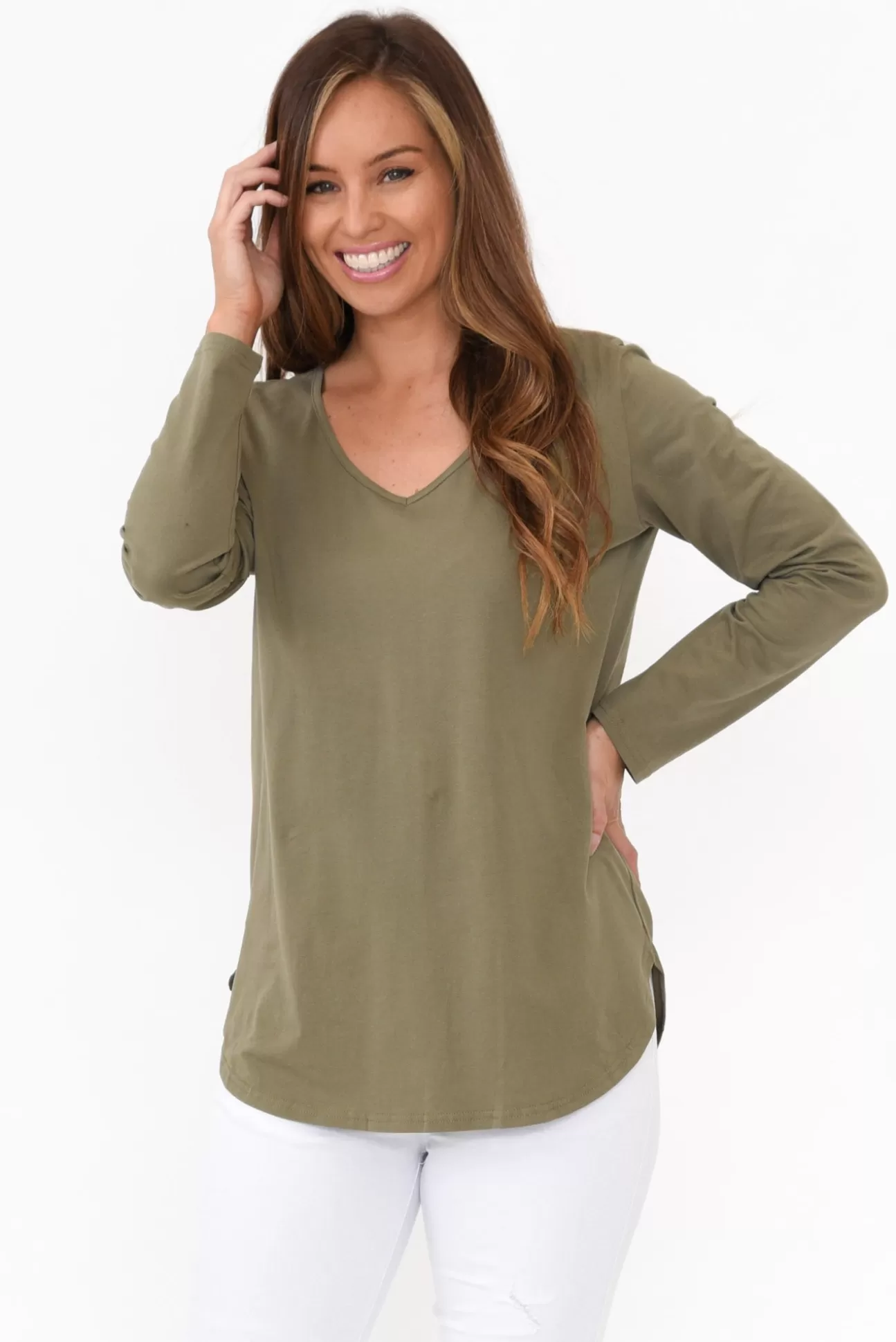 Cafe Latte Archer Khaki Cotton Long Sleeve Top Cheap