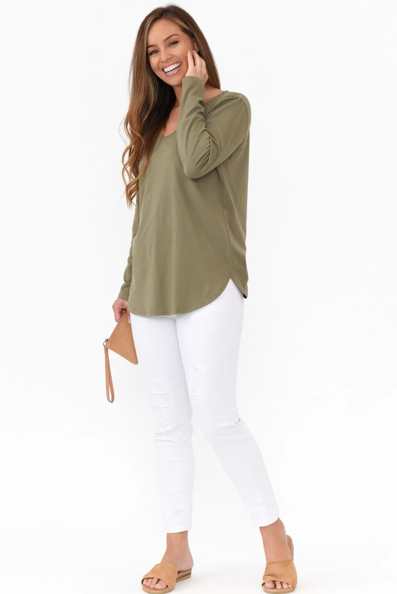 Cafe Latte Archer Khaki Cotton Long Sleeve Top Cheap