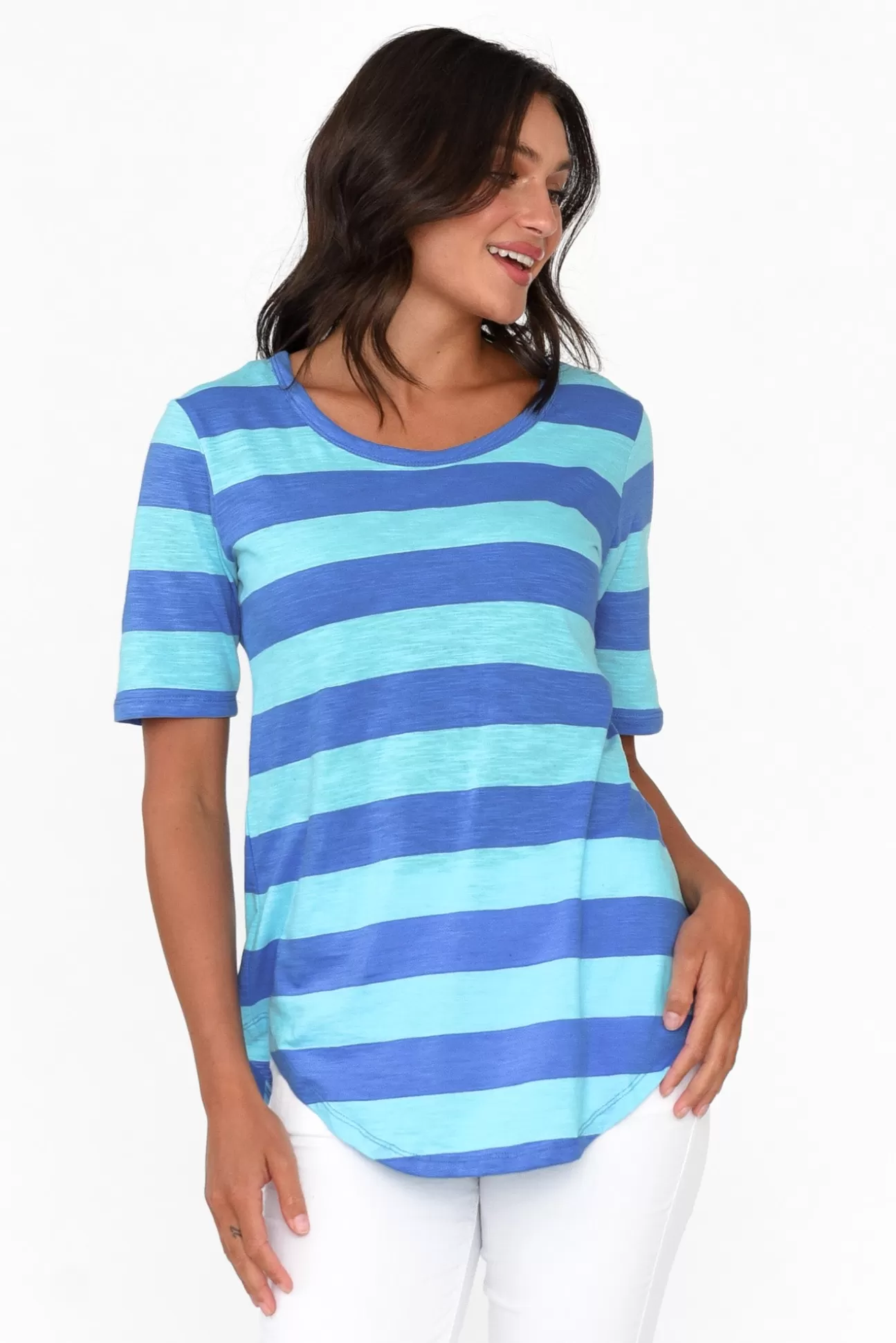 Betty Basics Ariana Aqua Stripe Cotton Tee Hot