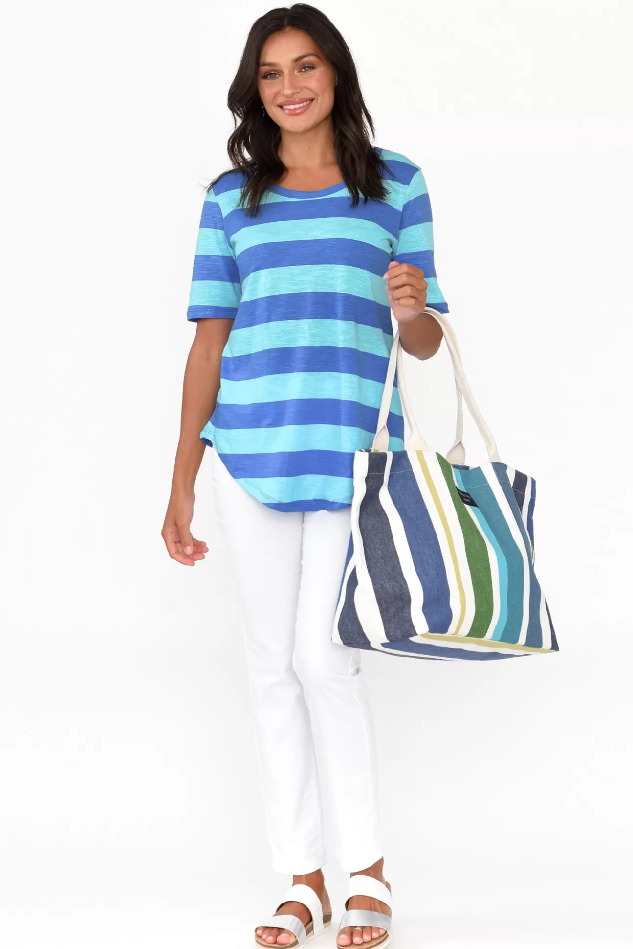 Betty Basics Ariana Aqua Stripe Cotton Tee Hot