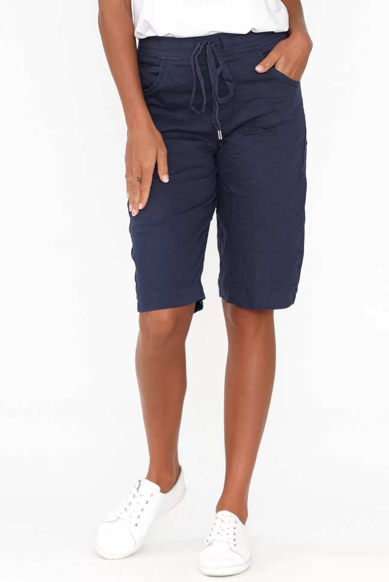 Cafe Latte Asha Navy Cotton Blend Drawstring Shorts Cheap