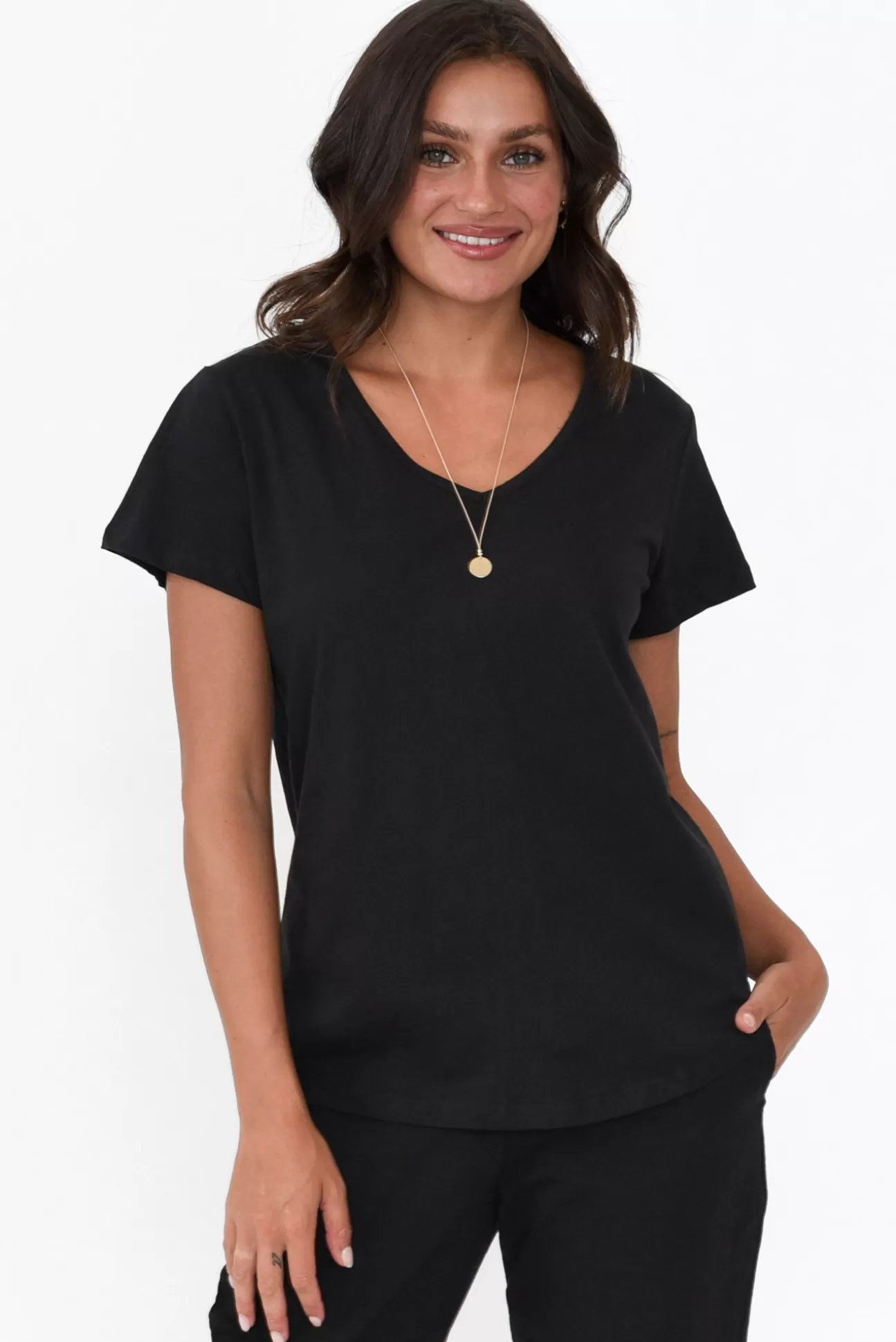 Betty Basics Ava Black Cotton V Neck Tee Fashion