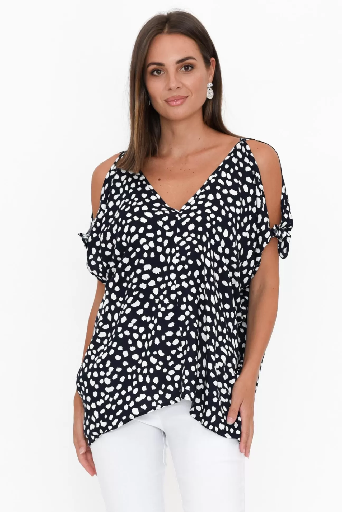 Slate the Label Avalee Navy Spot Cold Shoulder Top Outlet