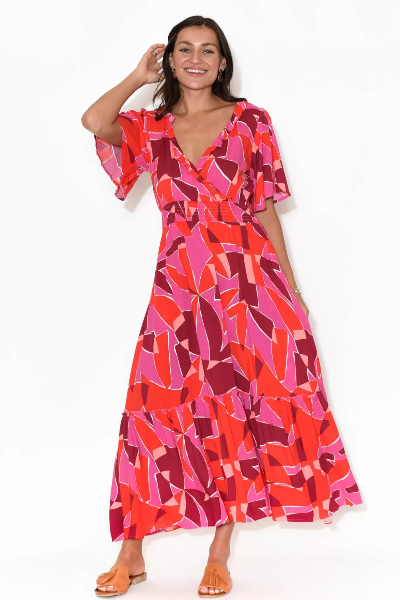 Label of Love Avenly Pink Abstract Frill V Neck Dress Best Sale