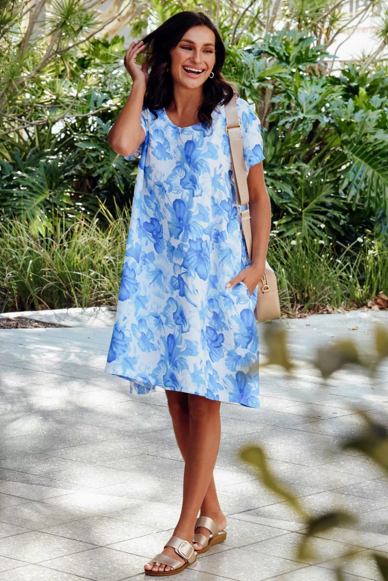 Cali and Co Ayita Blue Flower Linen Dress Best Sale