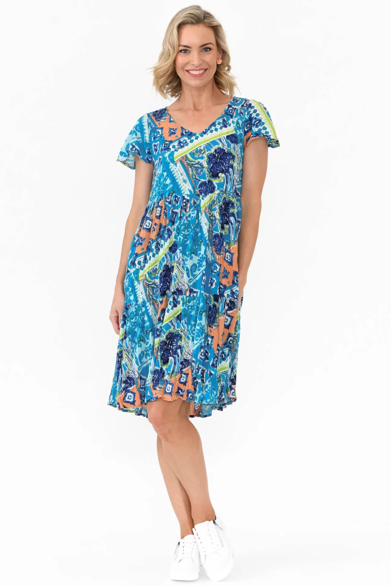 One Summer Azalea Blue Geometric Crinkle Dress Discount