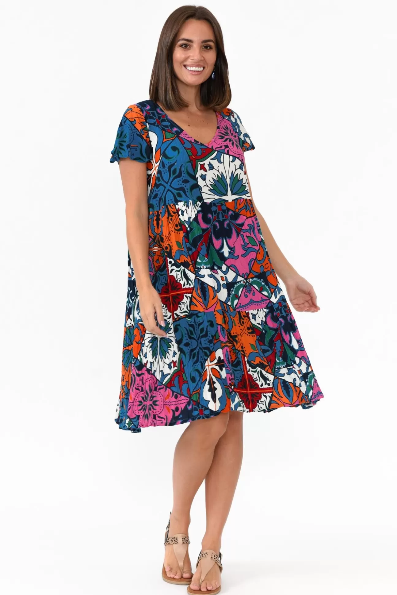 One Summer Azalea Blue Mosaic Crinkle Dress Outlet