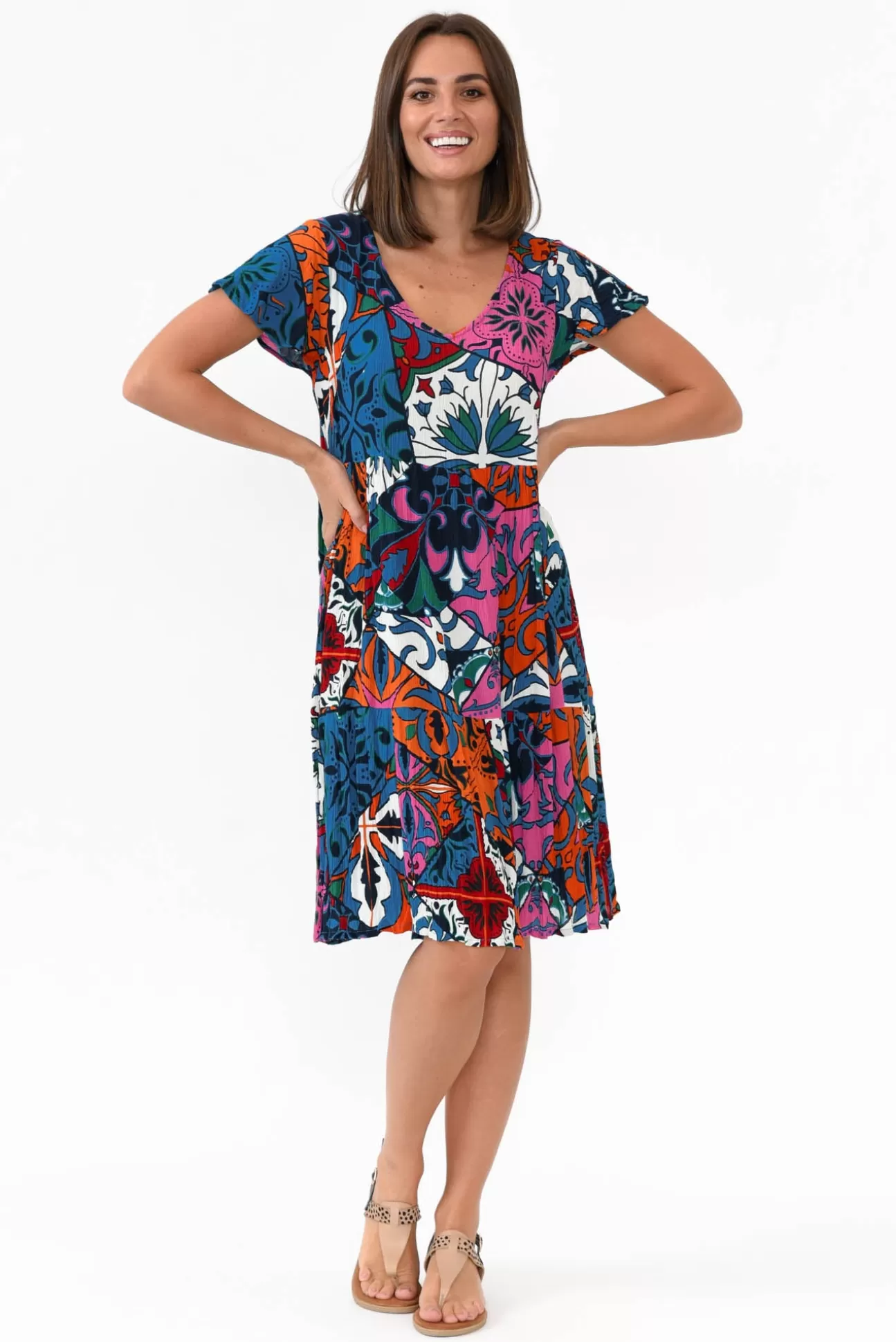 One Summer Azalea Blue Mosaic Crinkle Dress Outlet