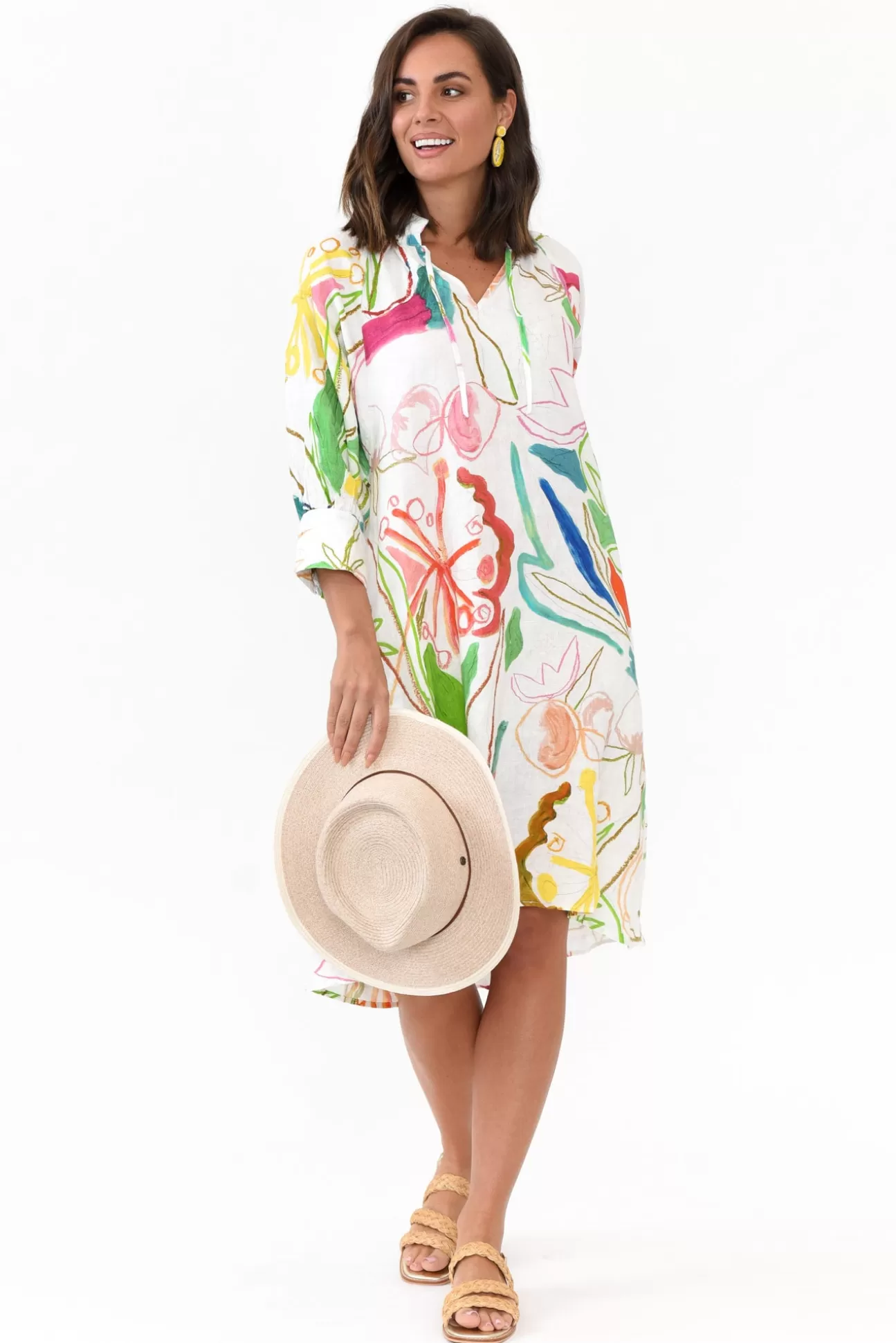 Wear Colour Bacall White Abstract Linen Dress New