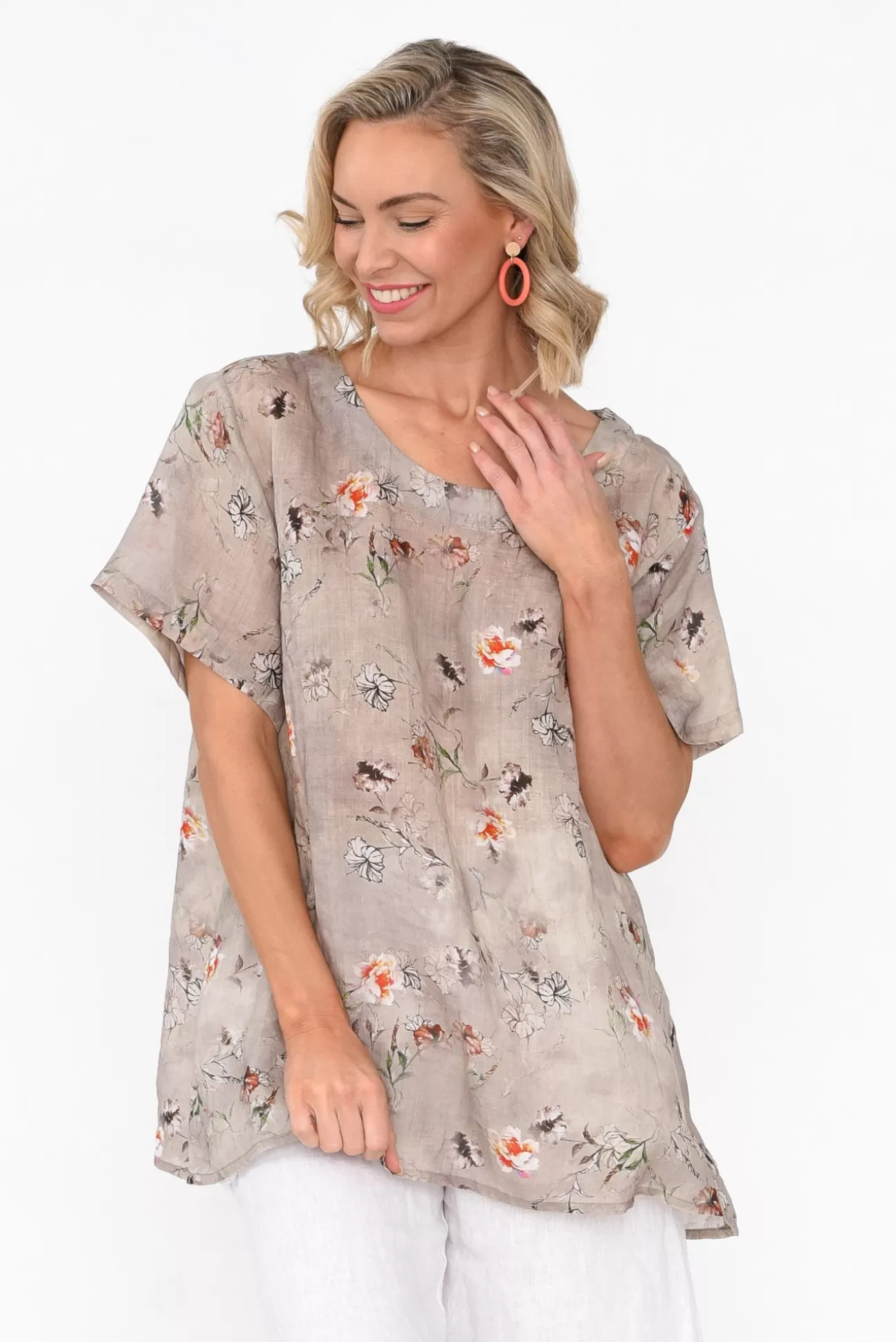 Cali and Co Baraka Beige Flower Linen Top Clearance