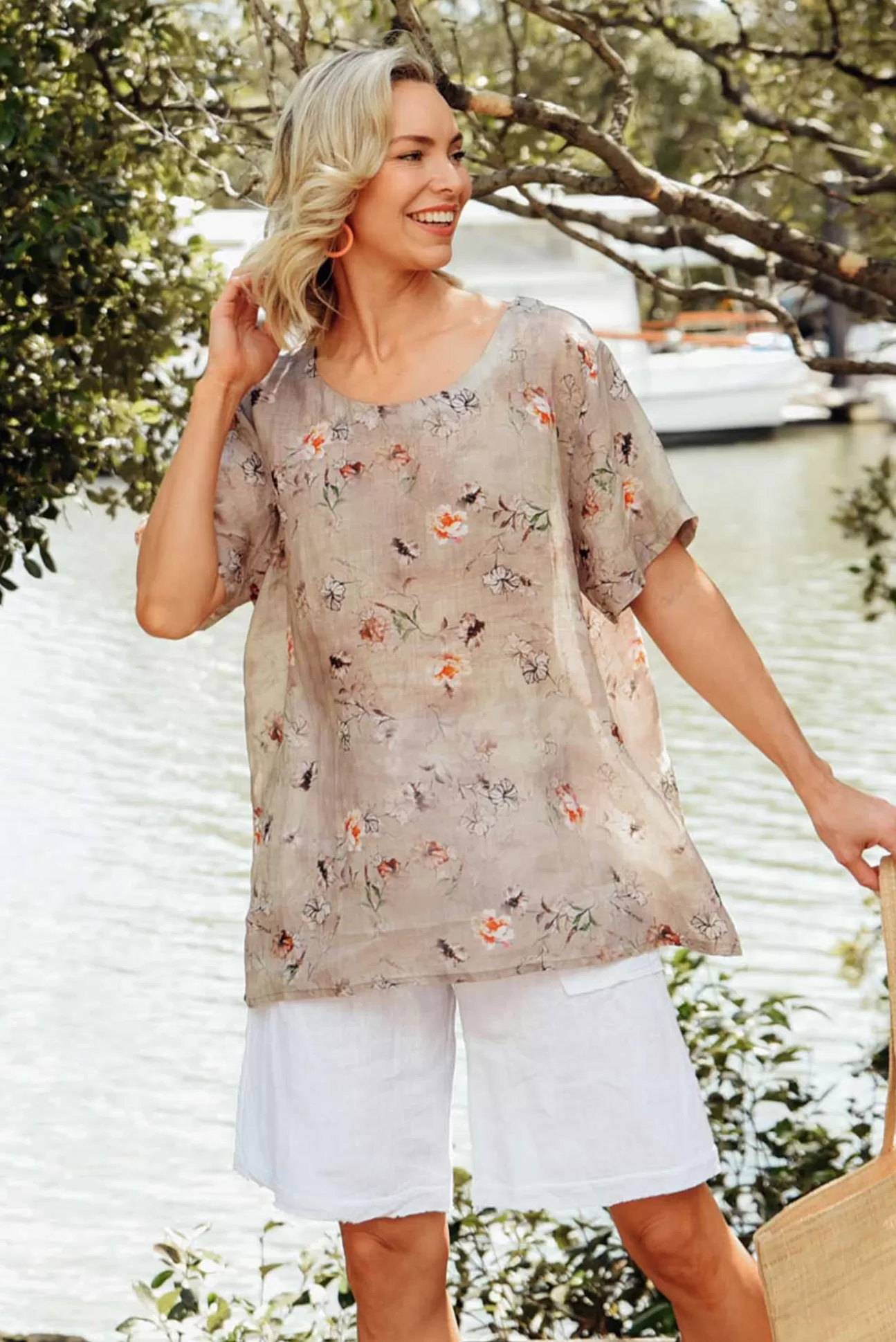 Cali and Co Baraka Beige Flower Linen Top Clearance