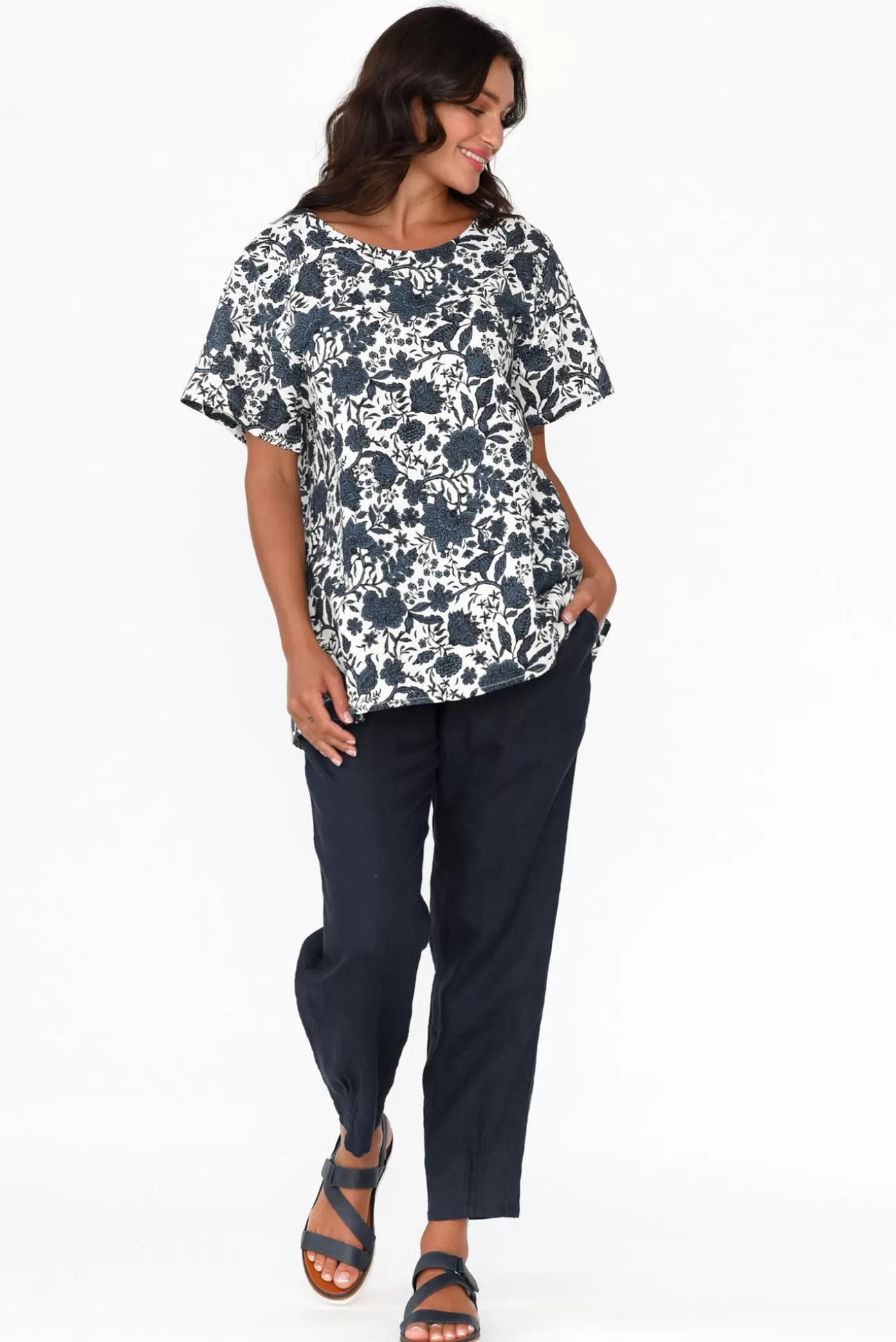 Cali and Co Baraka Navy Floral Linen Top Sale