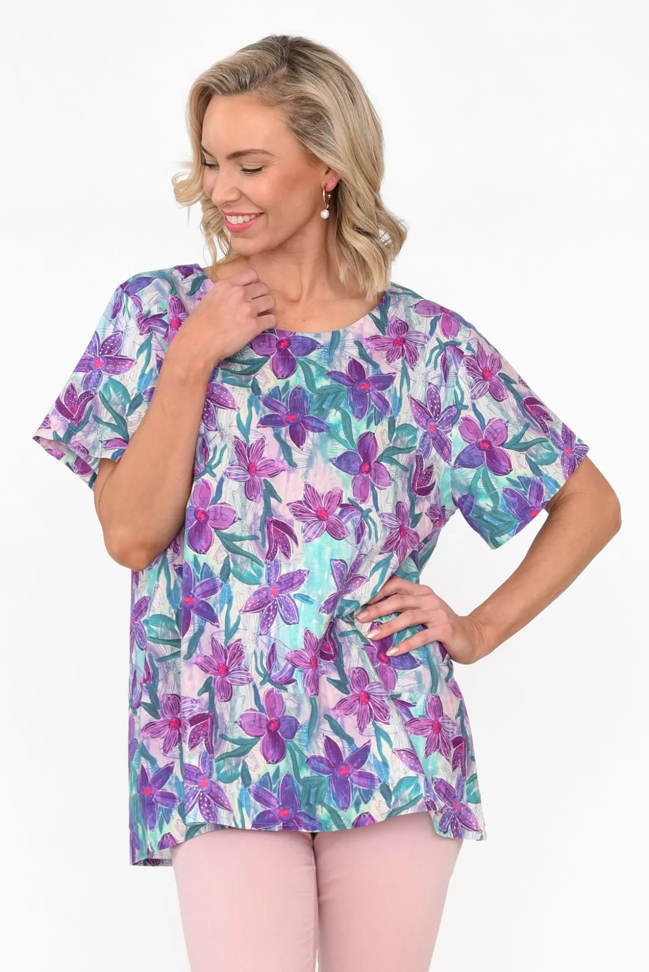 Cali and Co Baraka Purple Flower Linen Top Best Sale