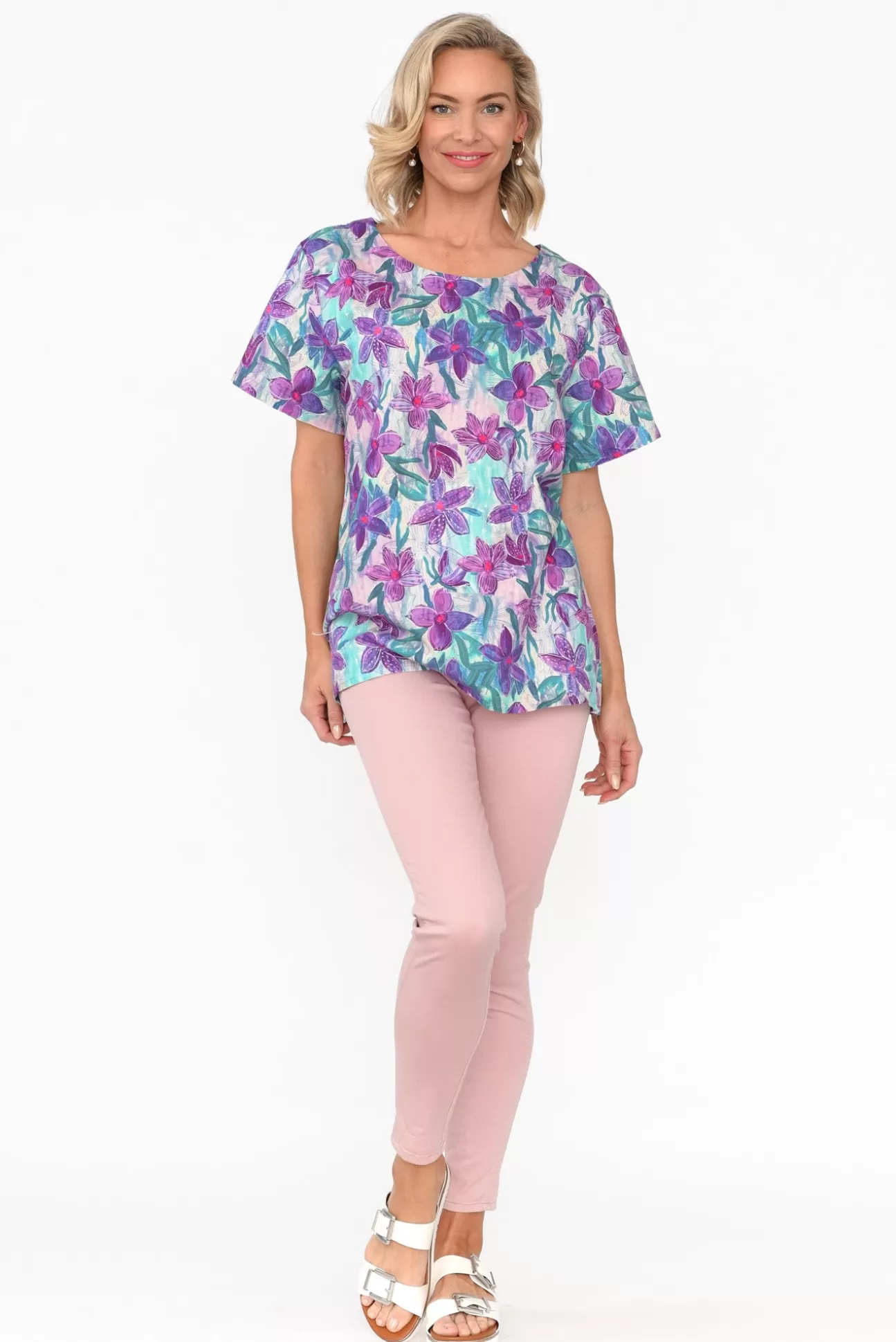 Cali and Co Baraka Purple Flower Linen Top Best Sale