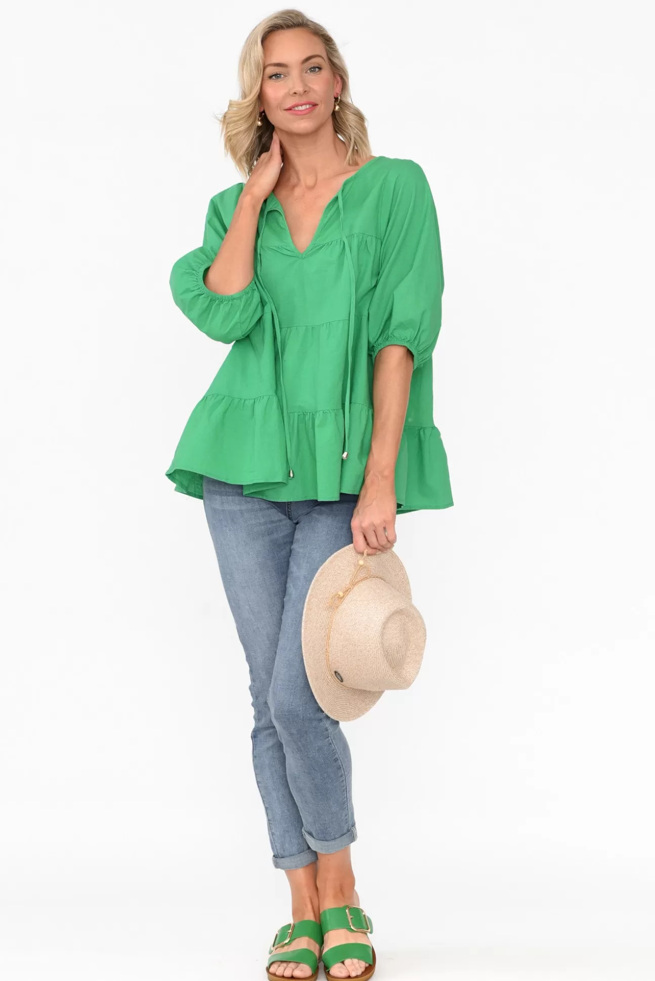 Cali and Co Barrett Green Linen Blend Top Outlet