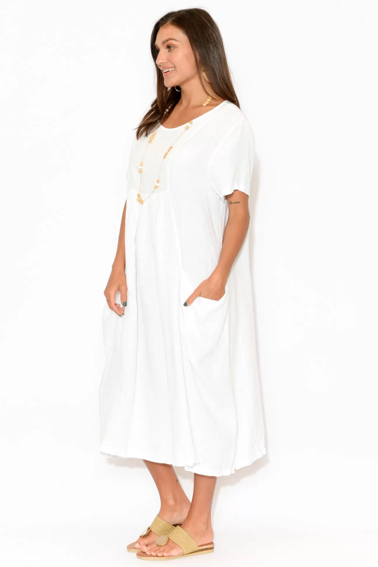 Montaigne Beckett White Linen Pocket Dress Clearance