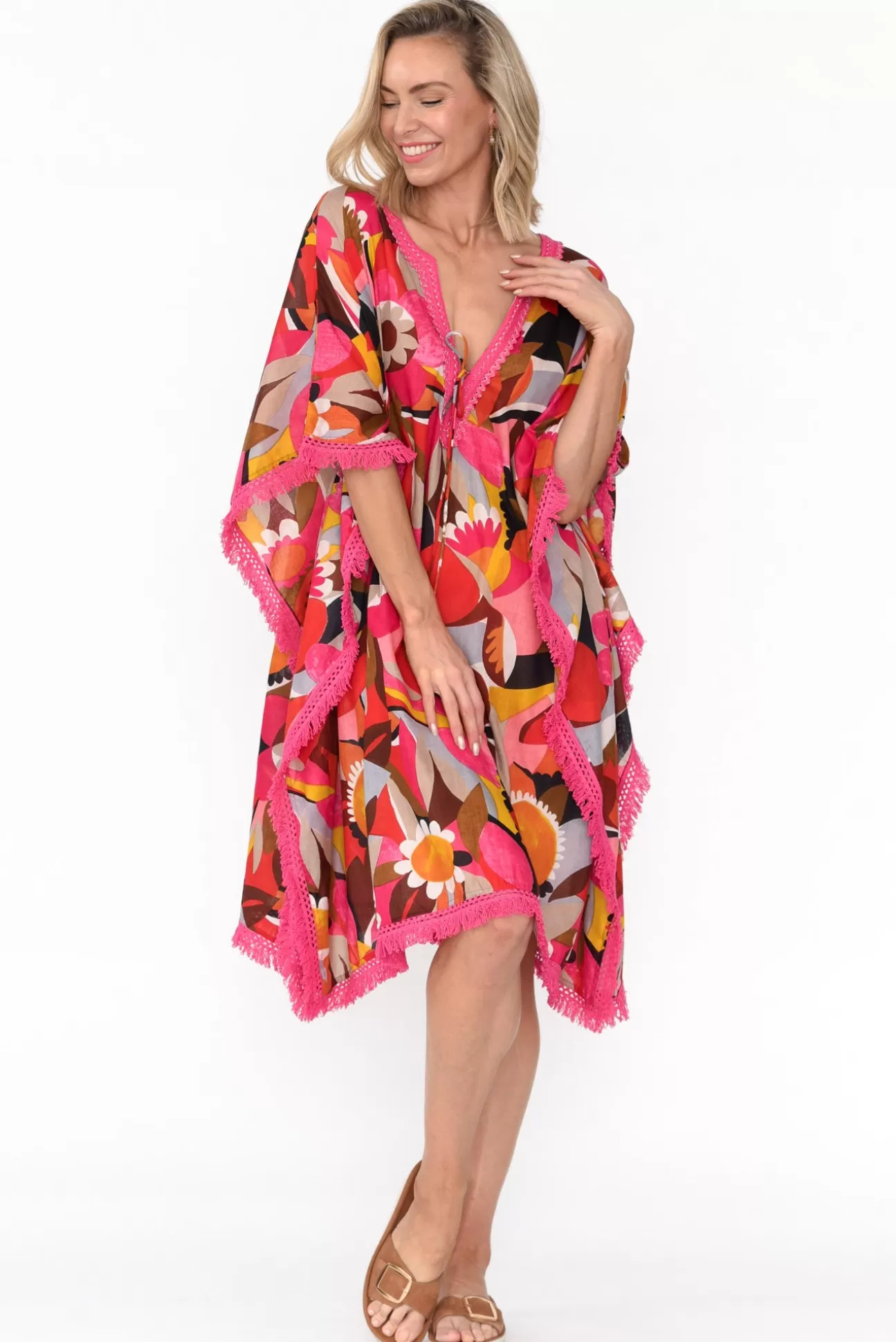 Mozaic Bedarra Pink Abstract Cotton Kaftan Cheap