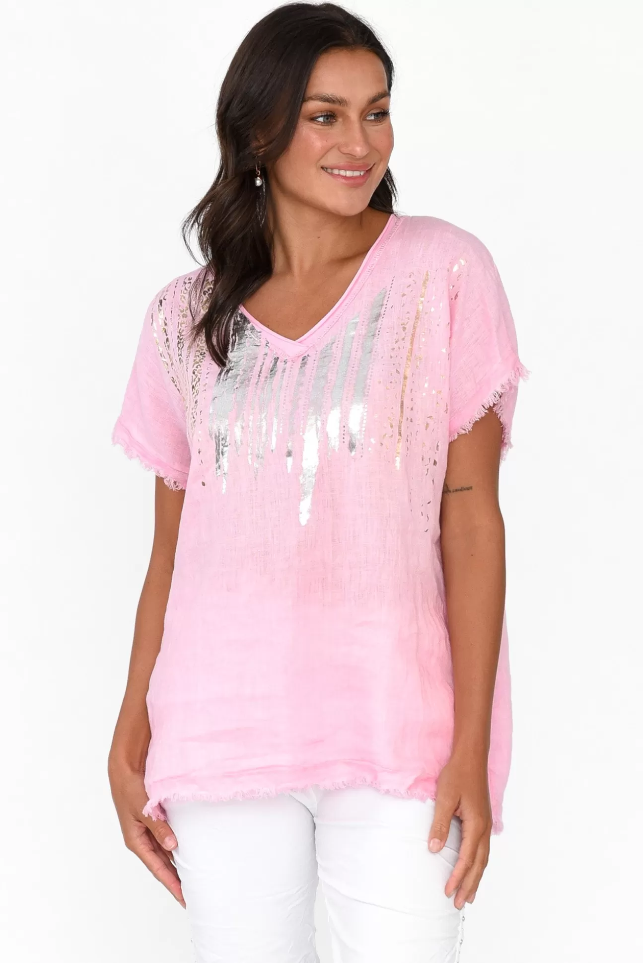 La Strada Benita Pink Foil Linen Top Sale