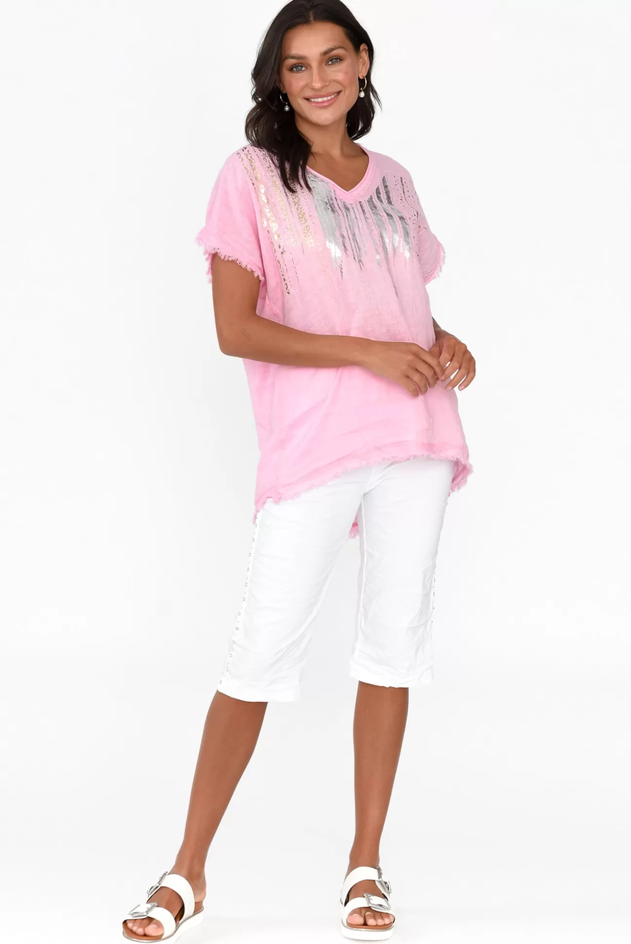 La Strada Benita Pink Foil Linen Top Sale