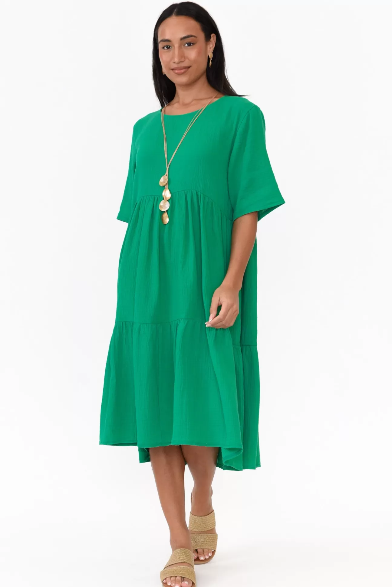 Cali and Co Bernie Green Crinkle Cotton Dress Hot