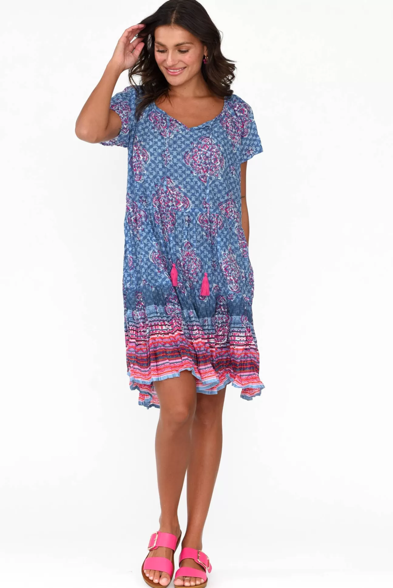 One Summer Bessie Cobalt Geo Cotton Tier Dress Online