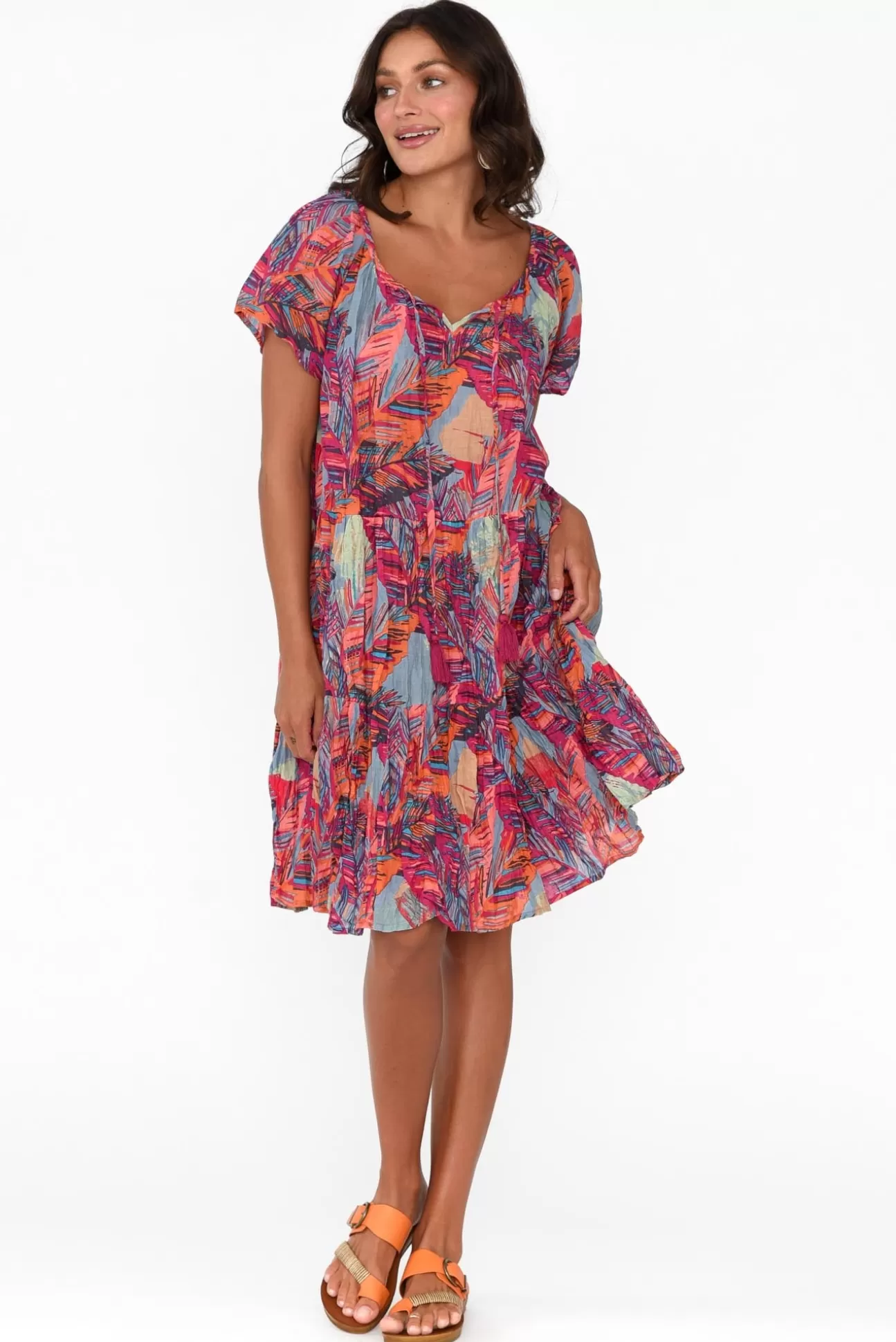 One Summer Bessie Pink Tropical Cotton Tier Dress Flash Sale