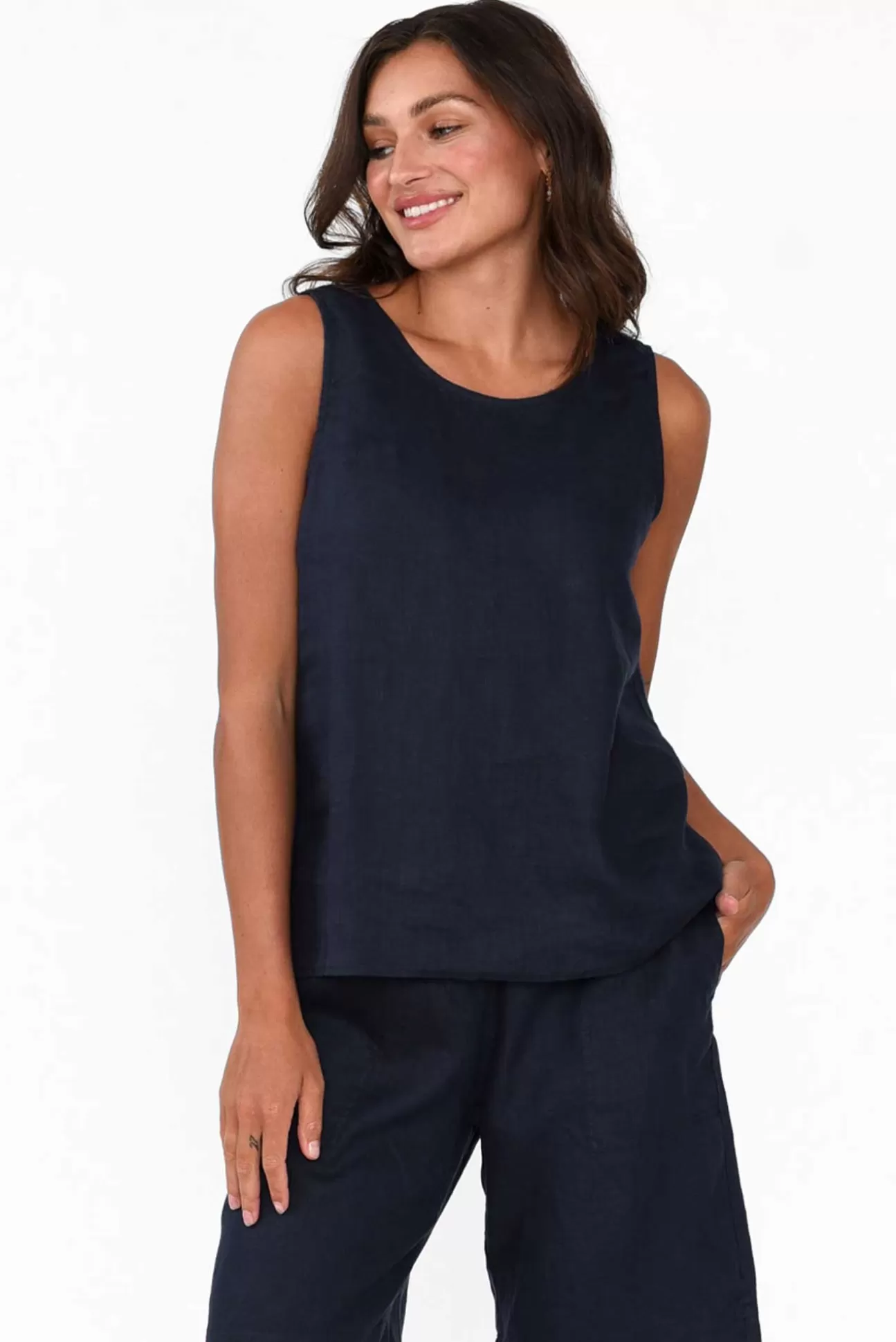 Gordon Smith Bianca Navy Linen Button Back Tank Flash Sale