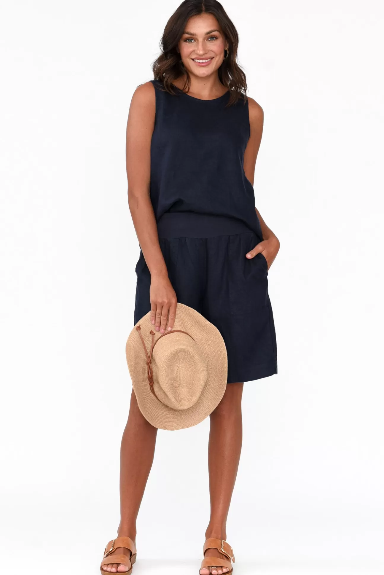 Gordon Smith Bianca Navy Linen Button Back Tank Flash Sale