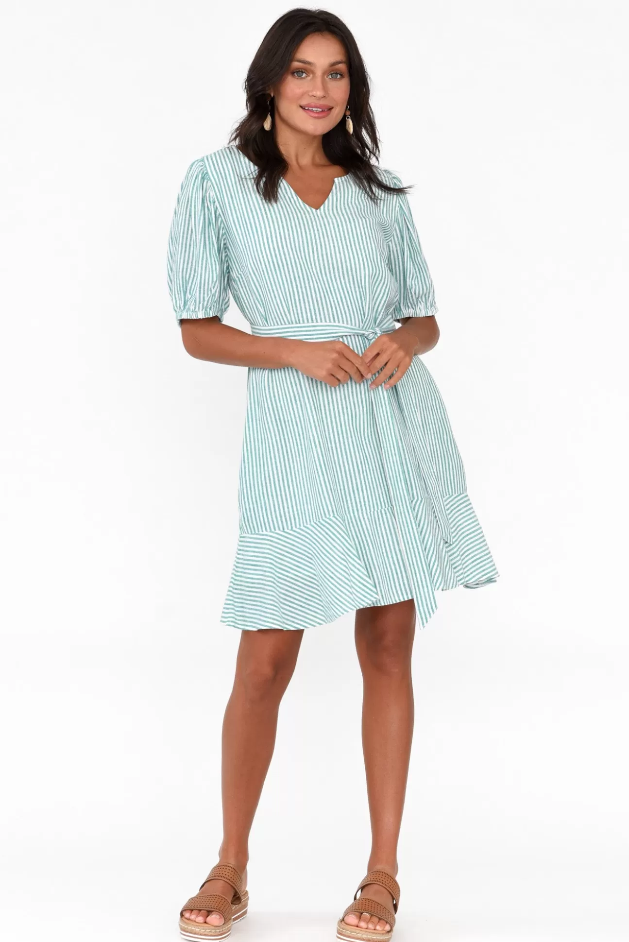 Betty Basics Birdie Teal Stripe Linen Blend Dress Best Sale