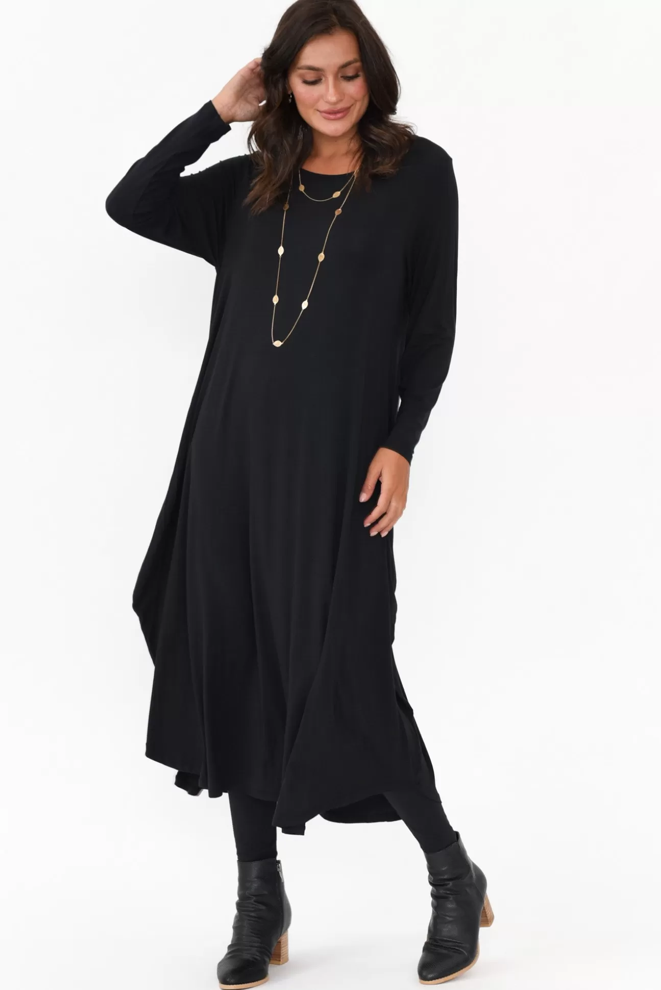 Tani Black Long Sleeved Micro Modal Drape Dress Shop