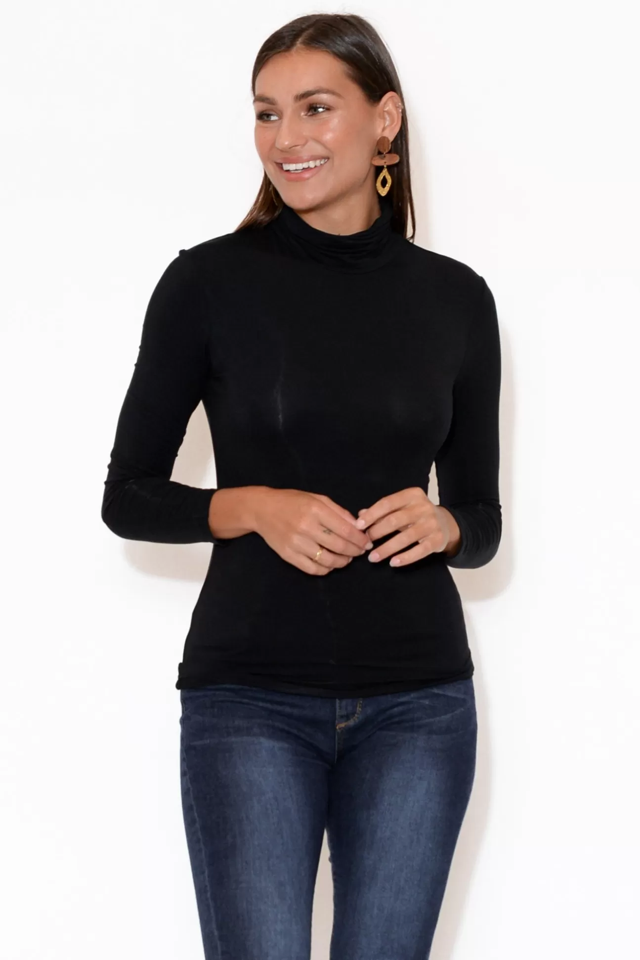 Tani Black Micro Modal Turtleneck Top New