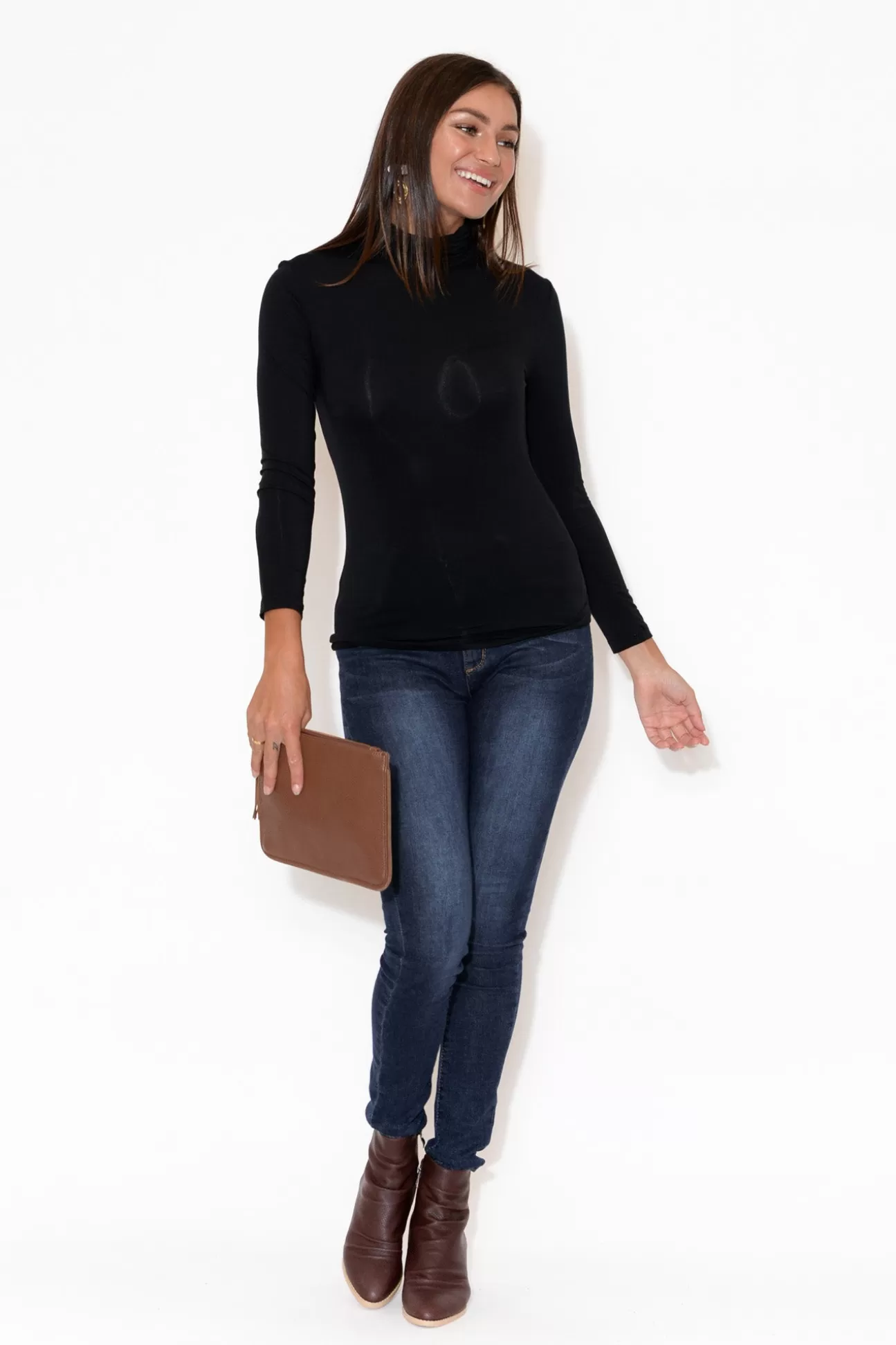 Tani Black Micro Modal Turtleneck Top New