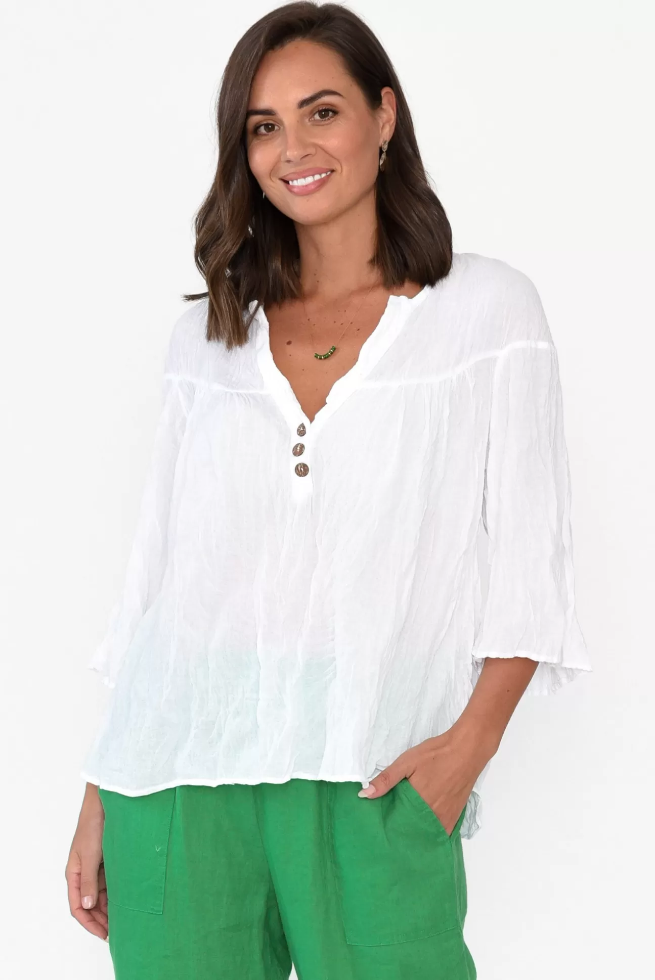 Namastai Blaise White Cotton Button Top Shop