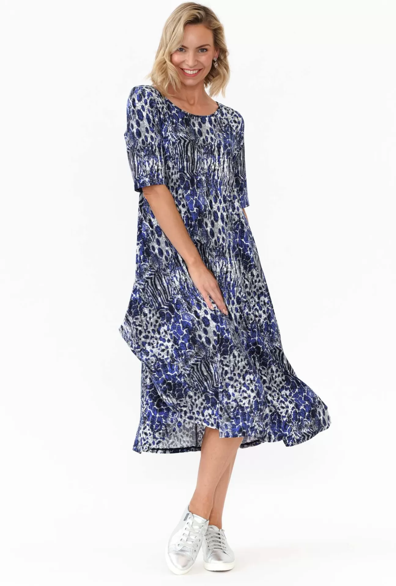 Tani Blue Animal Micro Modal Tri Drape Dress Discount