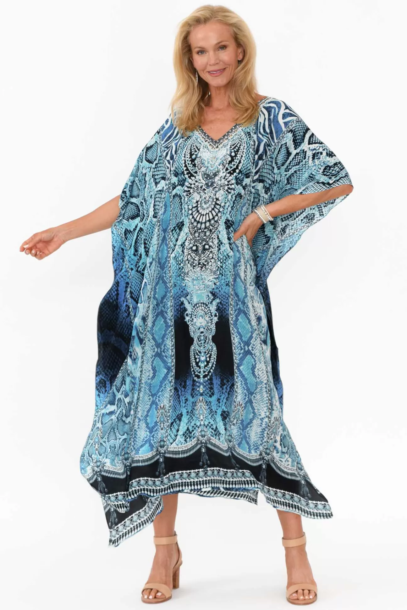 Fashion Spectrum Blue Cobra Silk Maxi Kaftan New