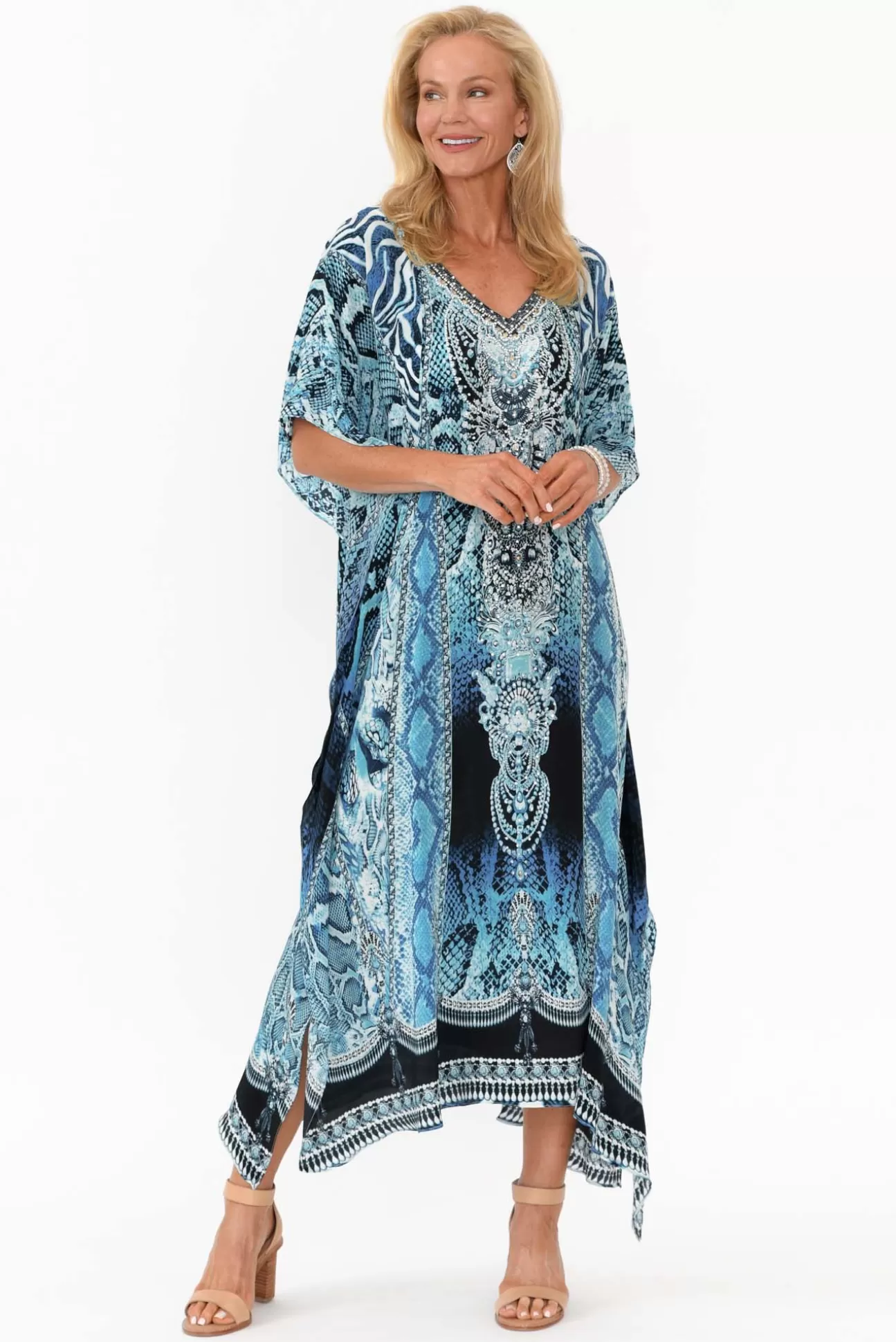 Fashion Spectrum Blue Cobra Silk Maxi Kaftan New