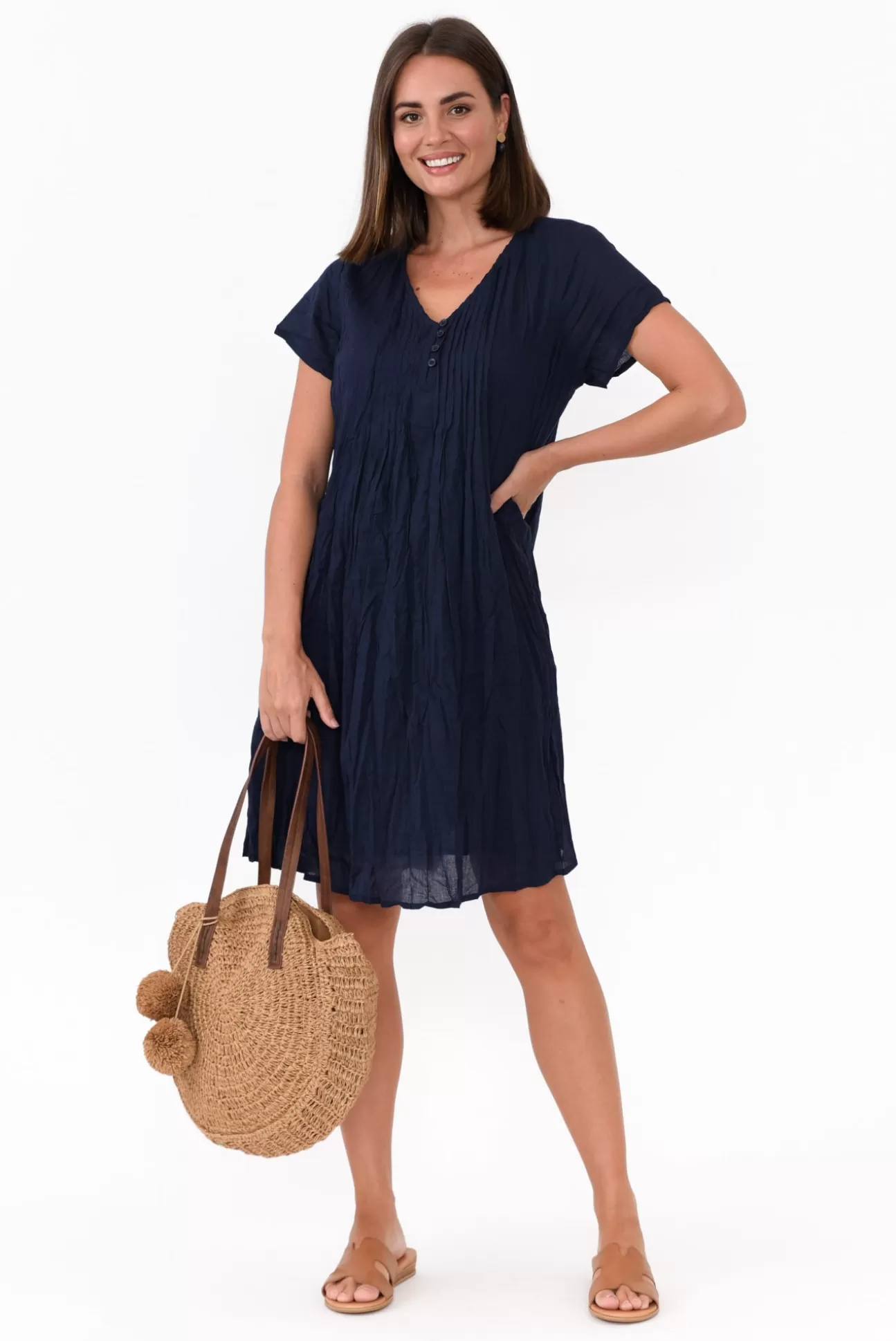 One Summer Bobbie Navy Crinkle Cotton Dress Clearance