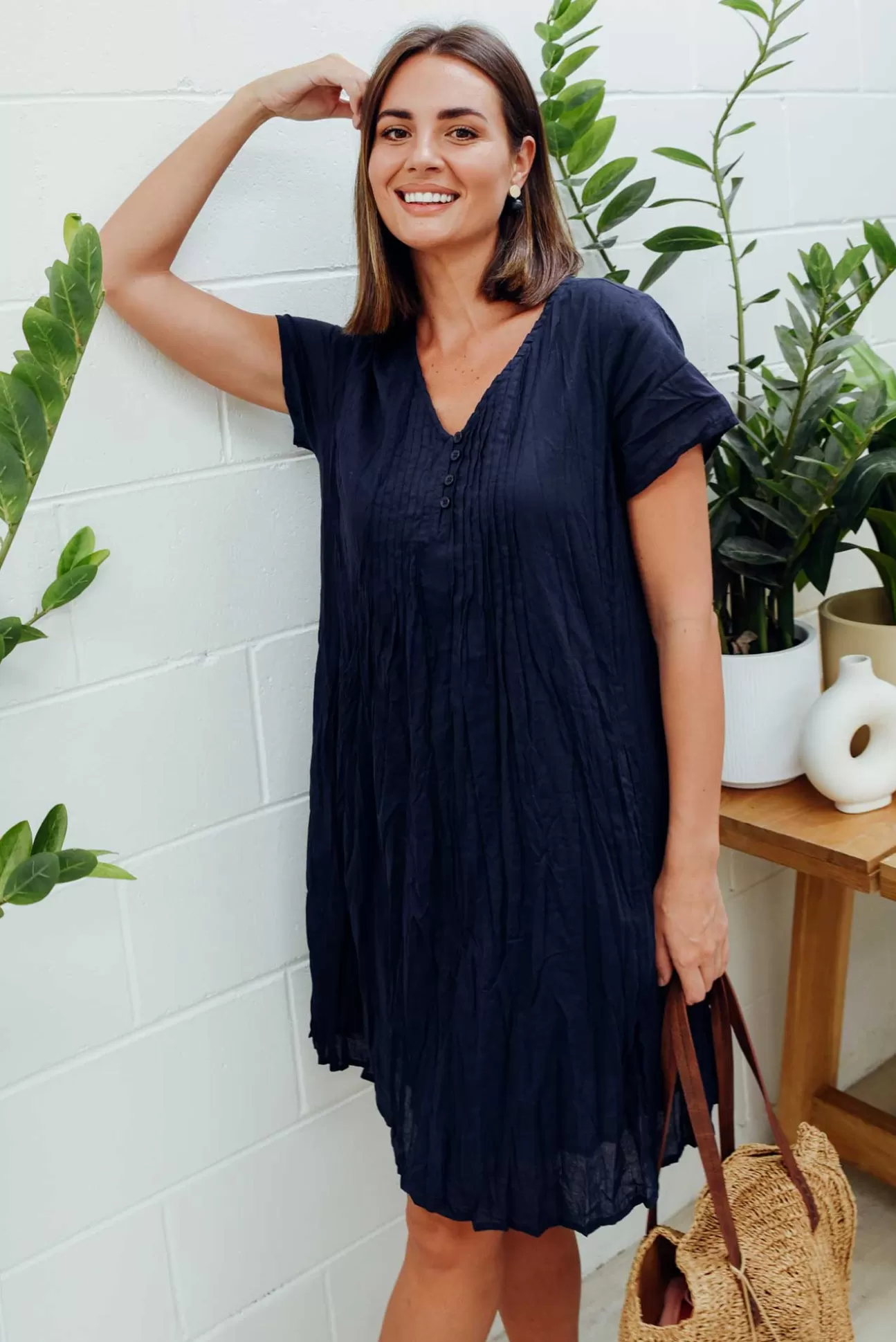 One Summer Bobbie Navy Crinkle Cotton Dress Clearance