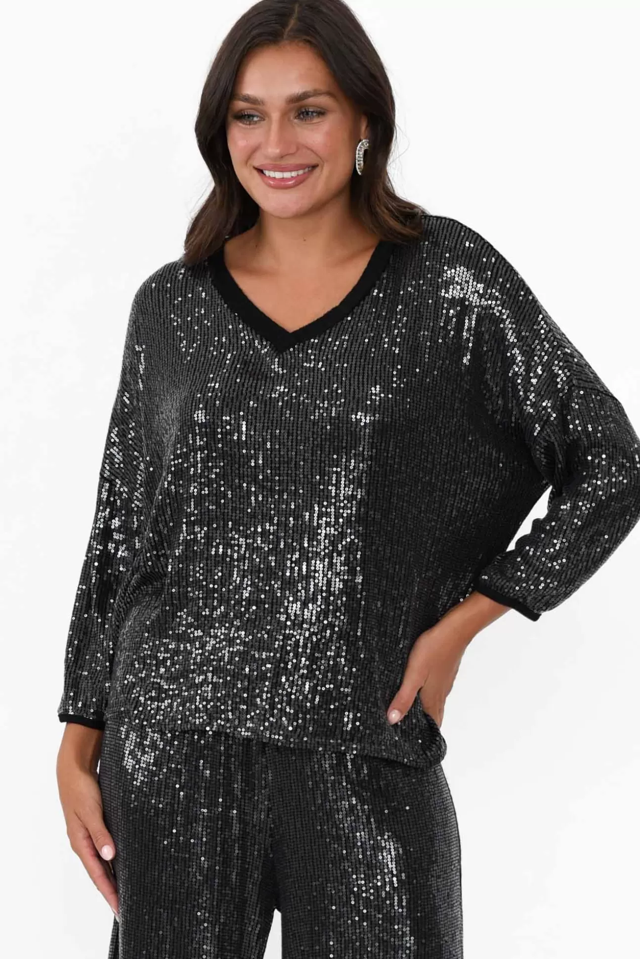 La Strada Braxton Black Sequin V Neck Top Cheap