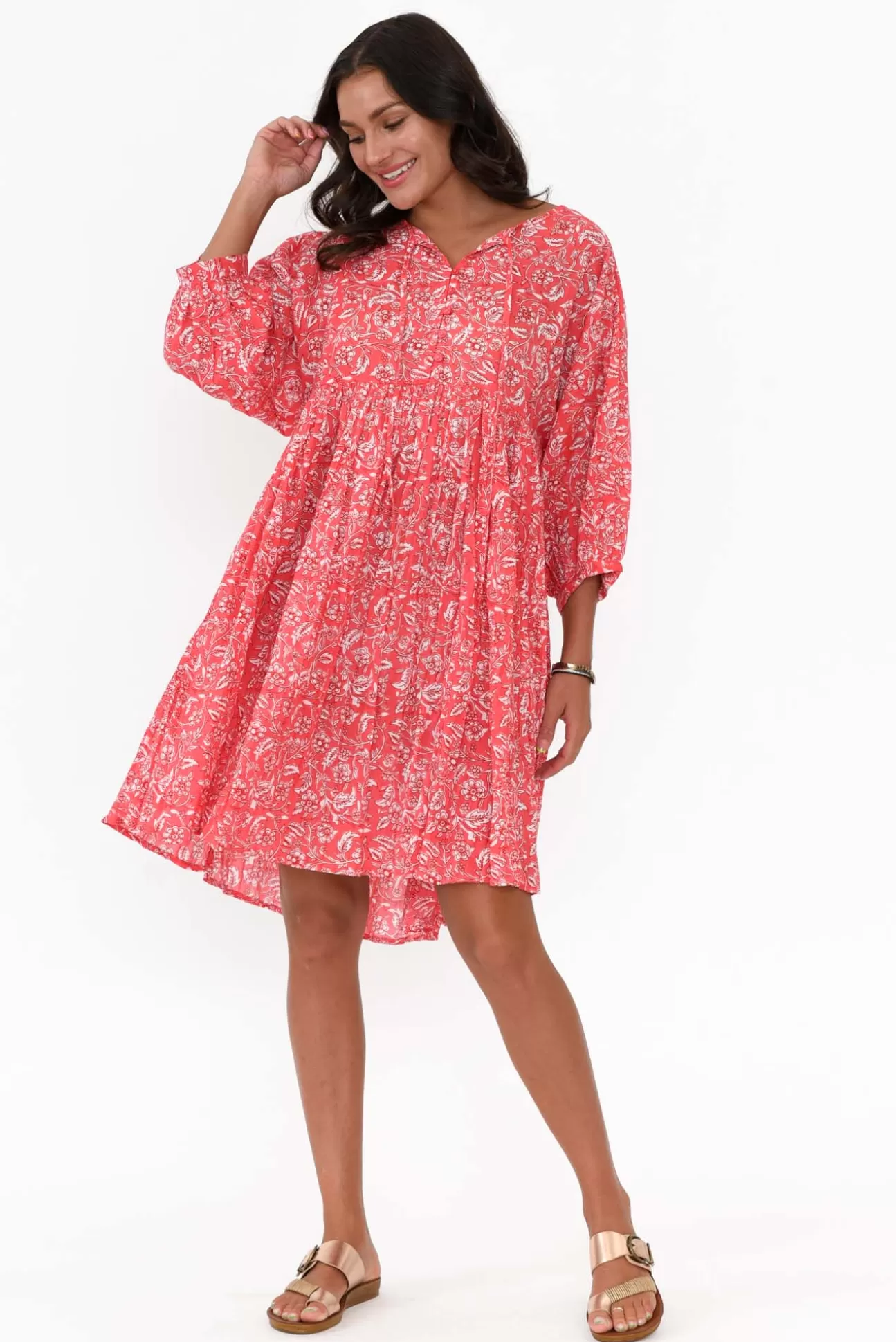 One Summer Brenna Red Flower Cotton Button Dress Online