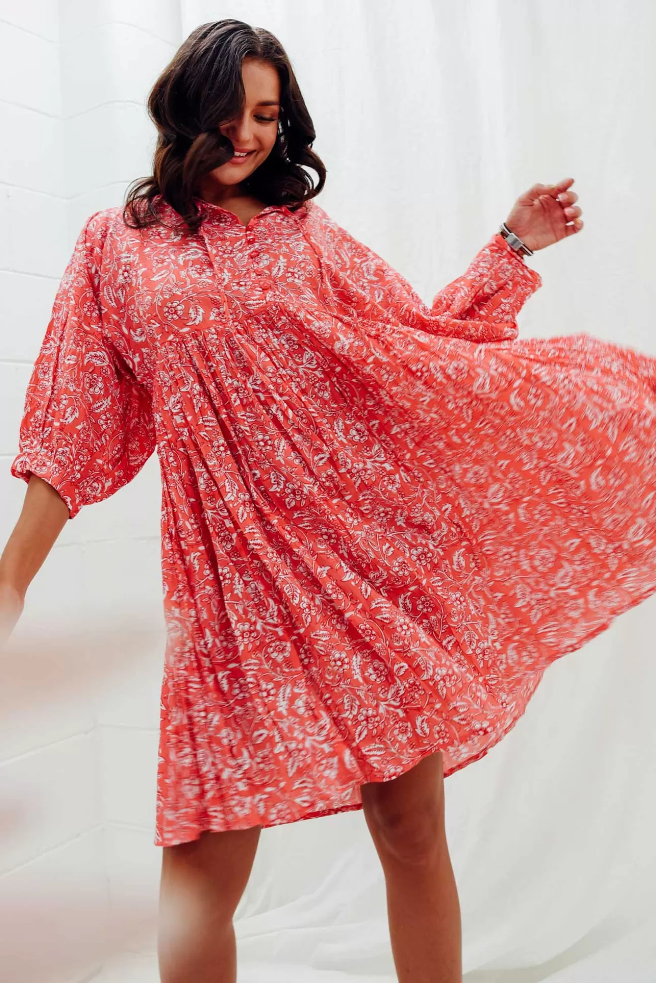 One Summer Brenna Red Flower Cotton Button Dress Online