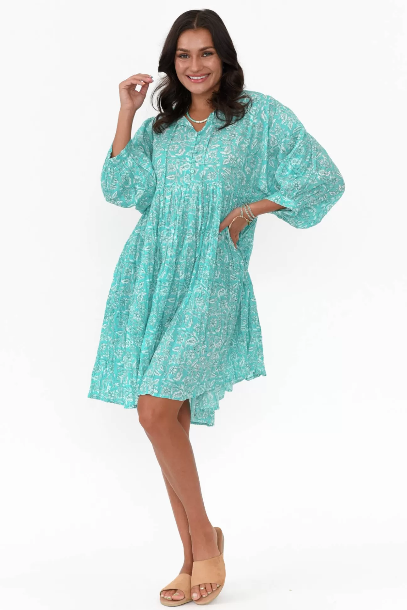 One Summer Brenna Teal Flower Cotton Button Dress New