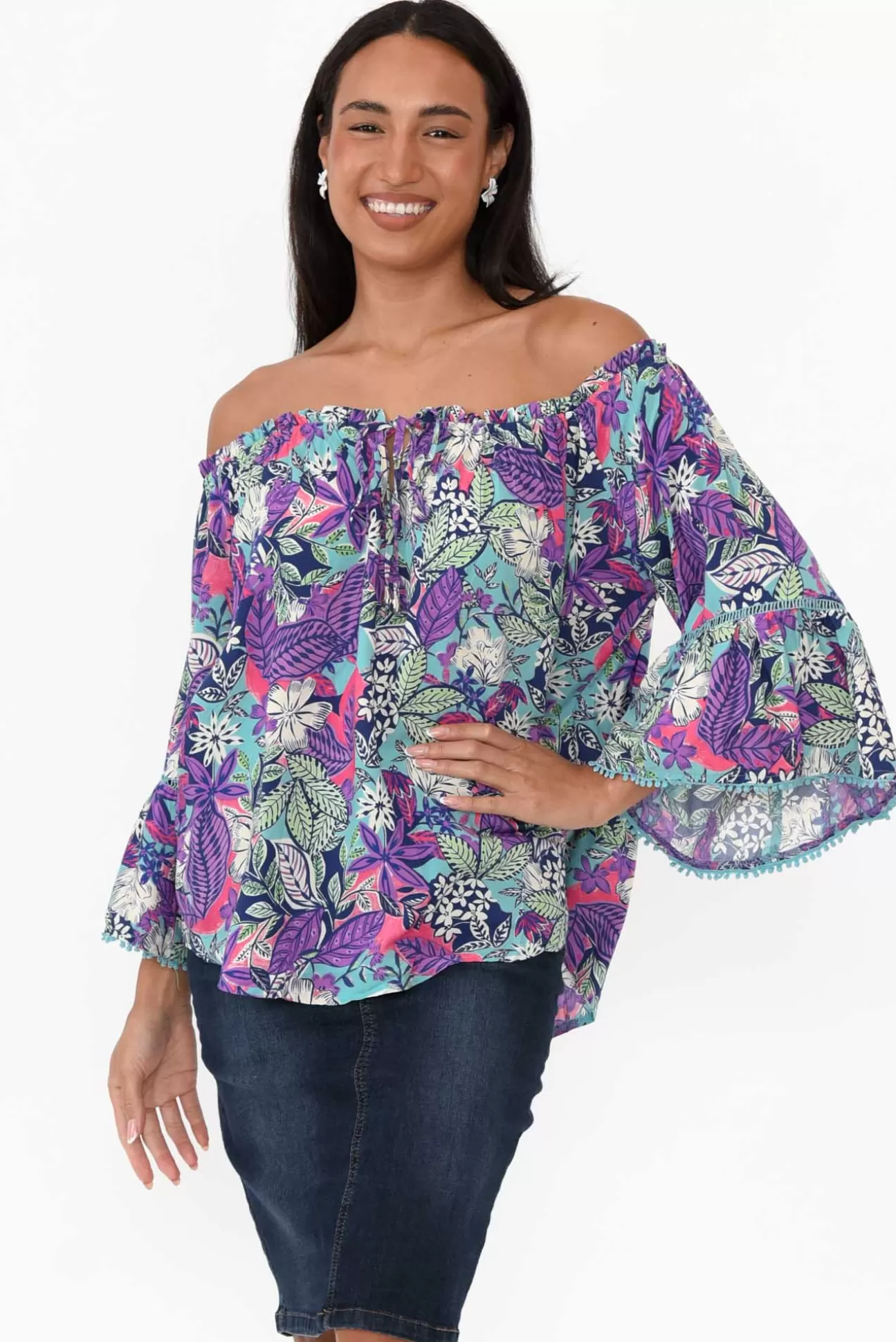 New U Collection Budapest Purple Tropical Off Shoulder Top Store