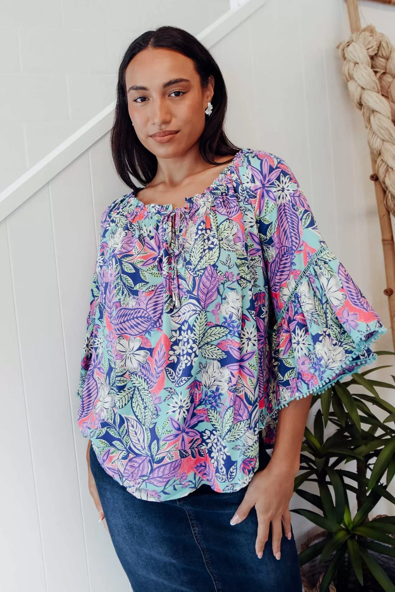 New U Collection Budapest Purple Tropical Off Shoulder Top Store